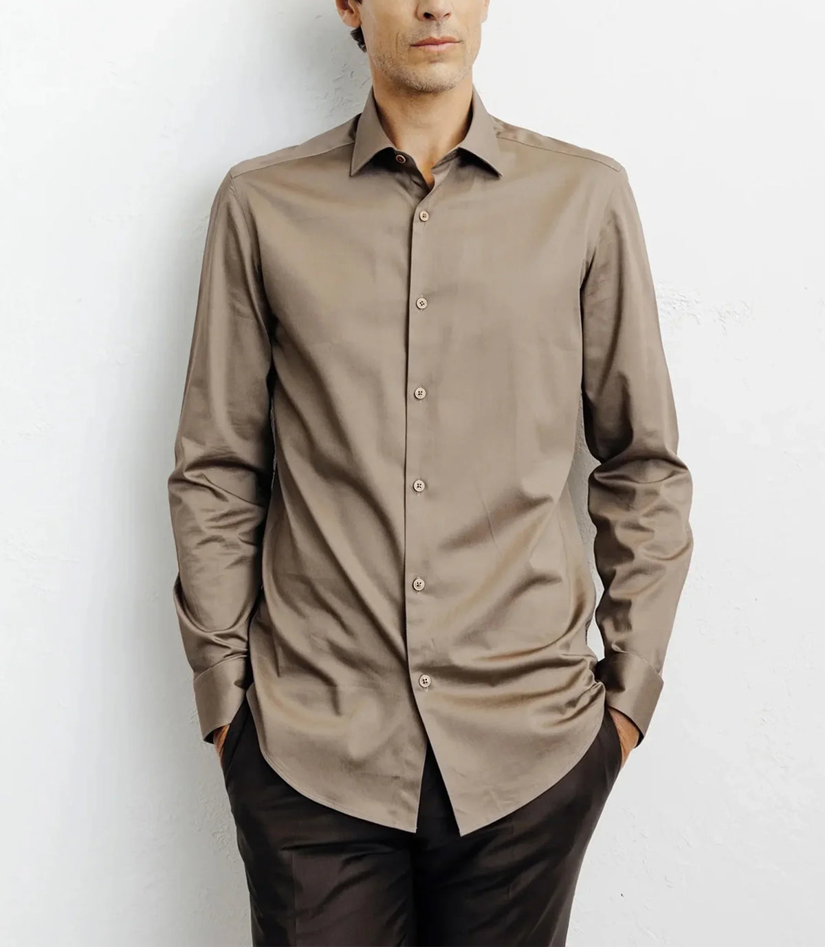 Chemise ville en satin de coton châtain - IZAC