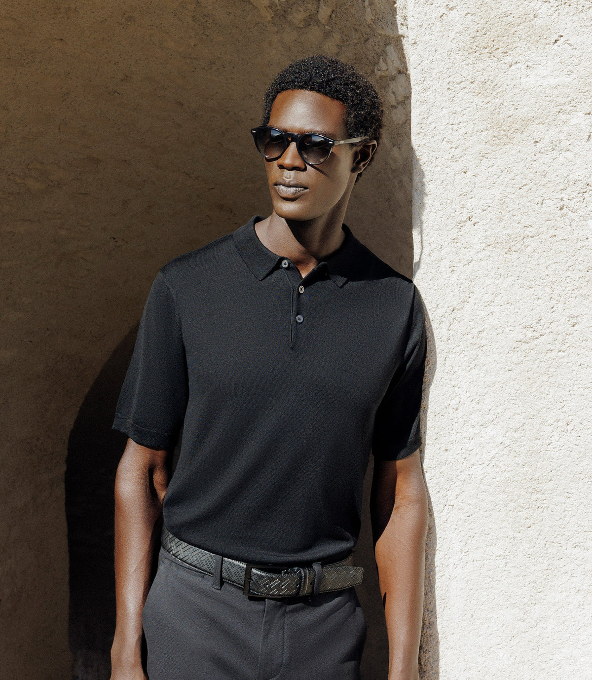 Polo col boutonné en maille noir - IZAC