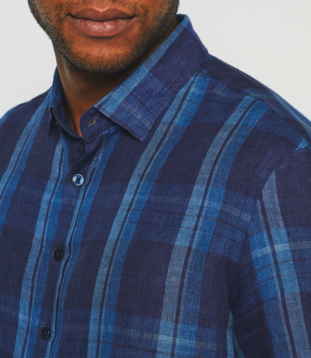 Chemise à carreaux en lin manches longues bleue "Kyron" - IZAC