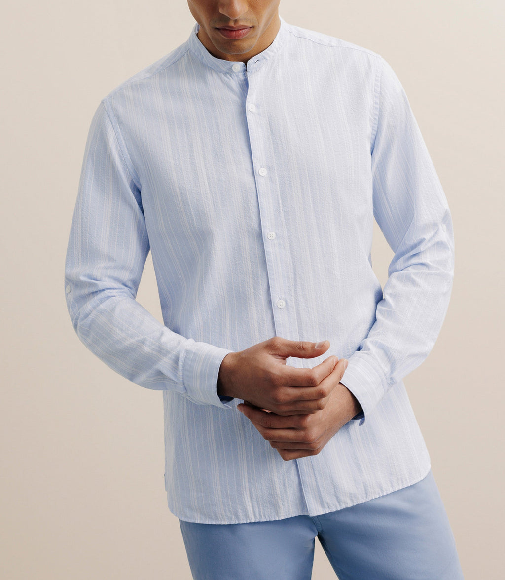 Chemise rayée col mao 100% coton ciel - IZAC