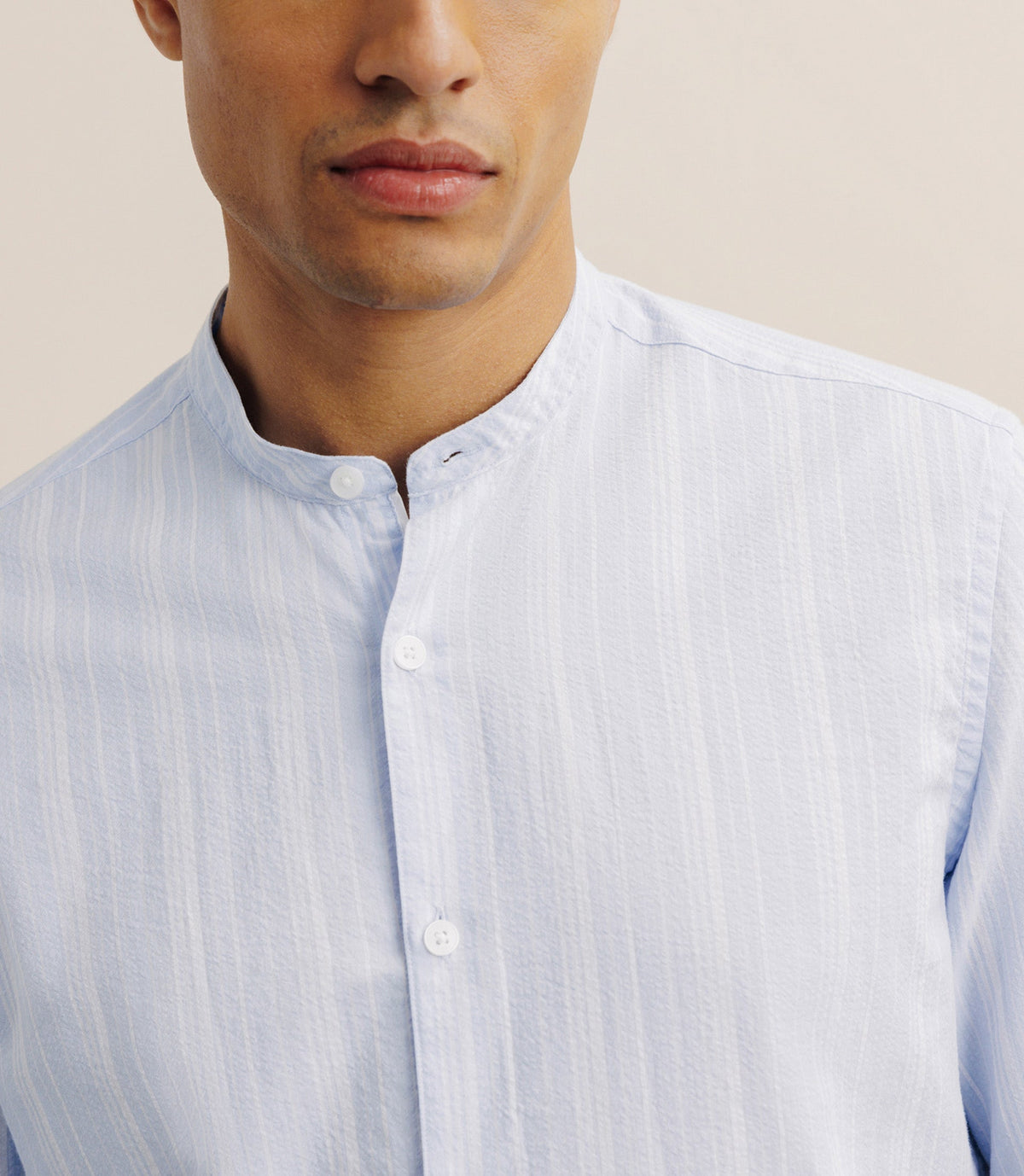 Chemise rayée col mao 100% coton ciel - IZAC