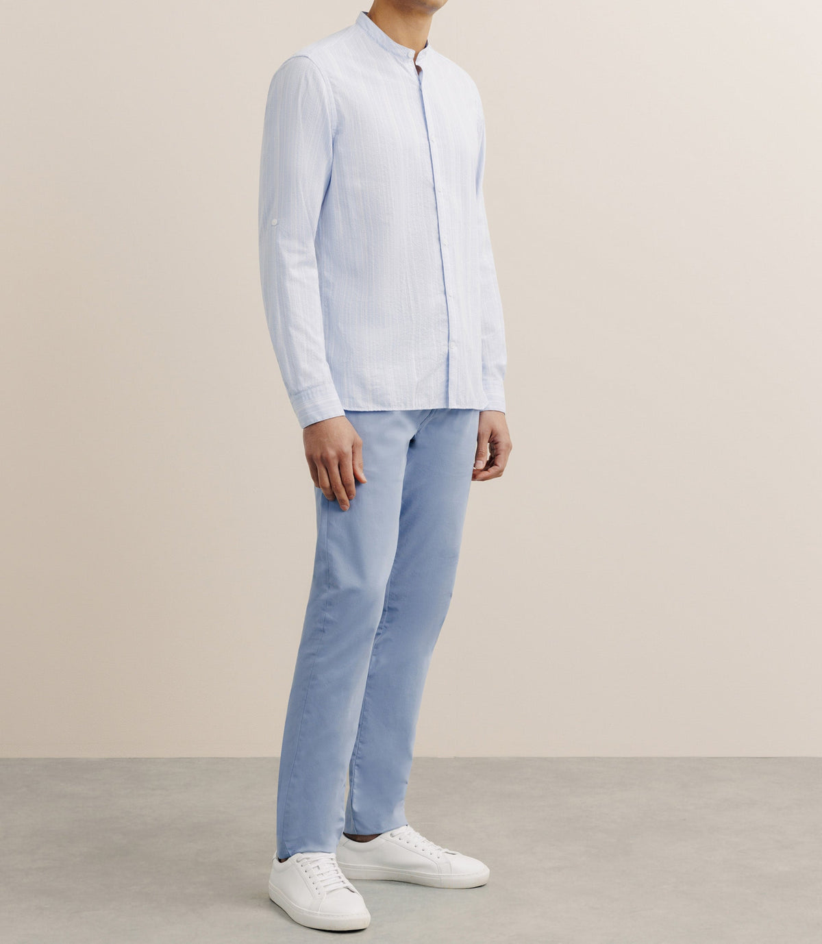 Chemise rayée col mao 100% coton ciel - IZAC