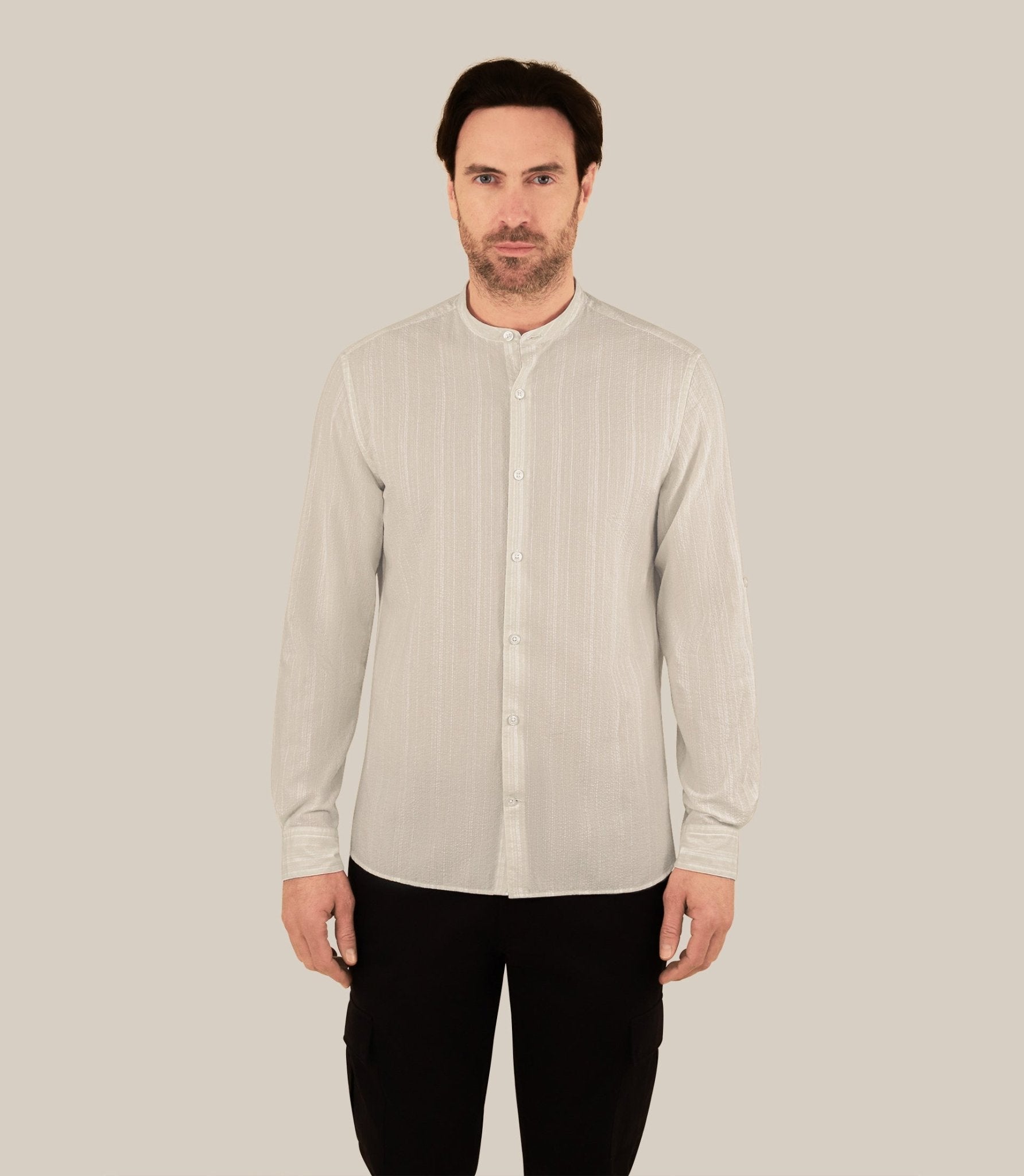 Chemise rayée col mao 100% coton écrue - IZAC