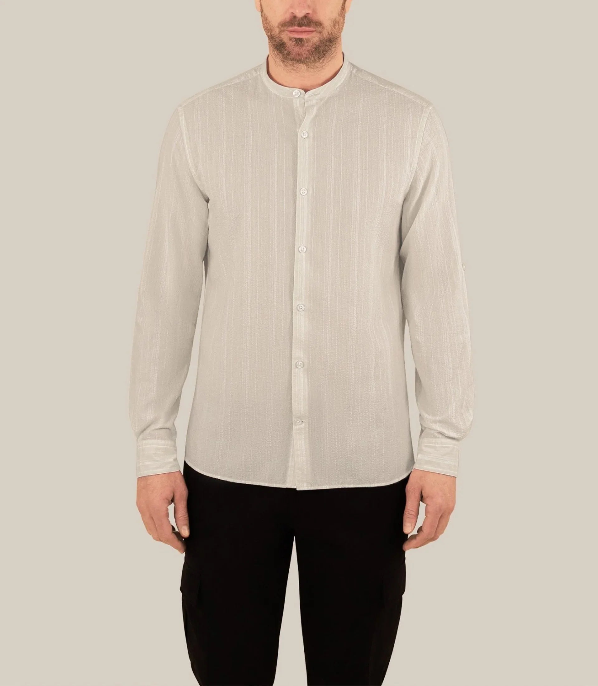 Chemise rayée col mao 100% coton écru - IZAC