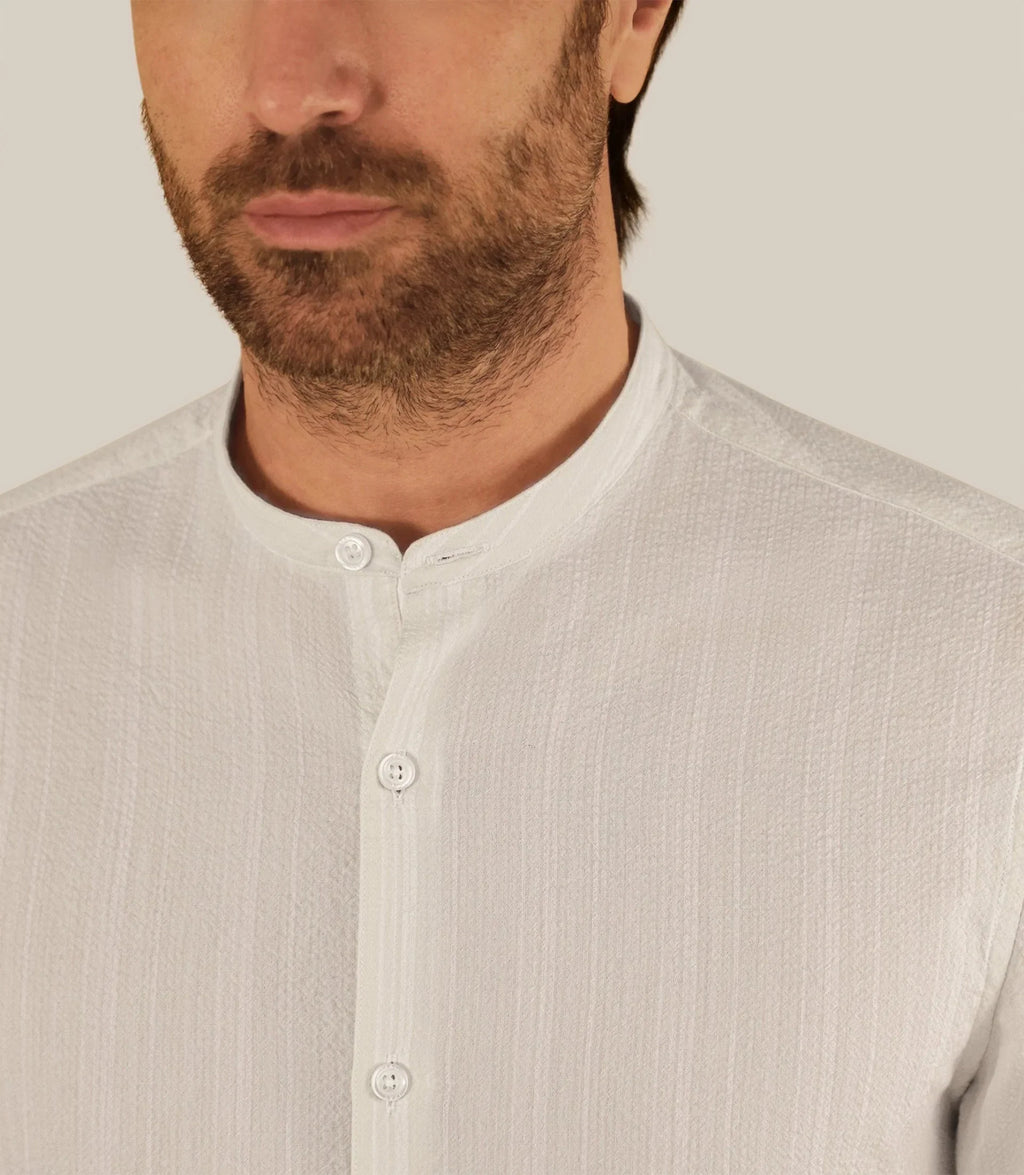 Chemise rayée col mao 100% coton écru - IZAC