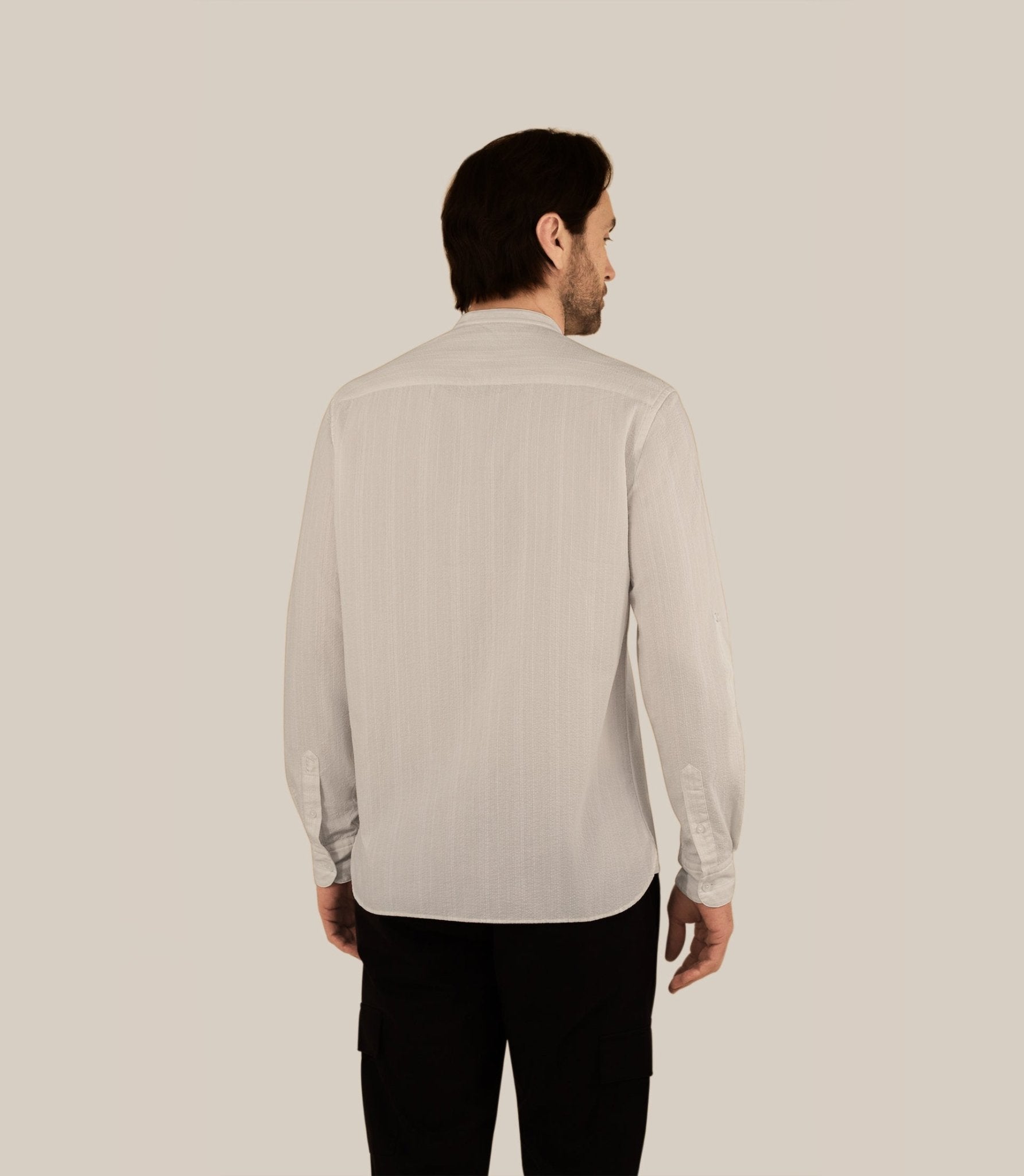 Chemise rayée col mao 100% coton écrue - IZAC