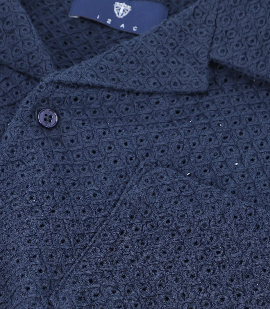 Chemise uni brodé de coton marine - IZAC