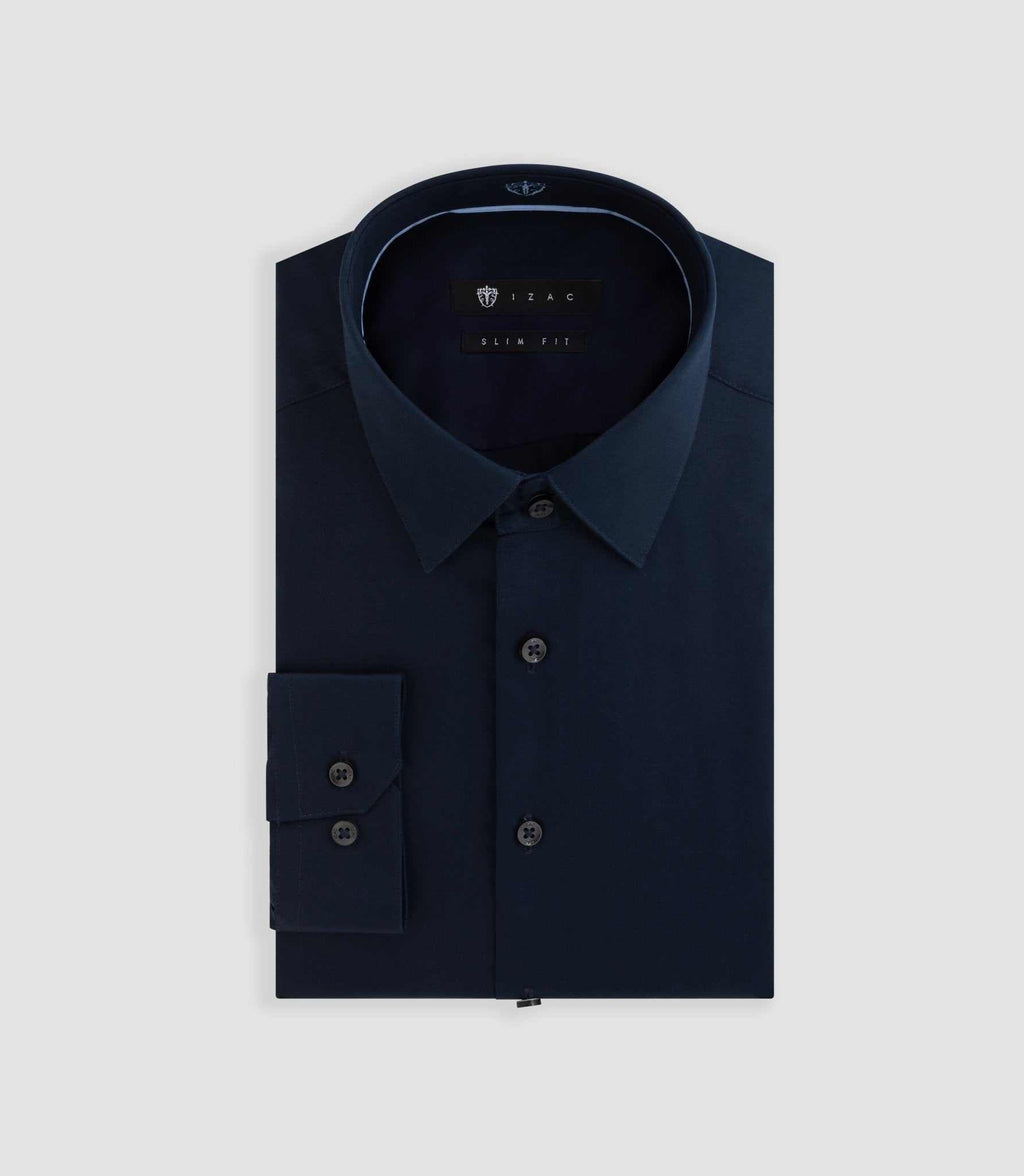 Chemise slim en satin de coton marine "Satinslim" - IZAC