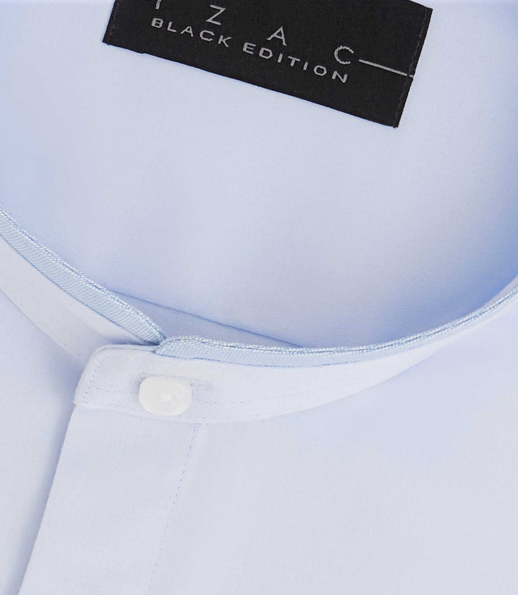 Chemise satin stretch col mao ciel "Marcel" - IZAC
