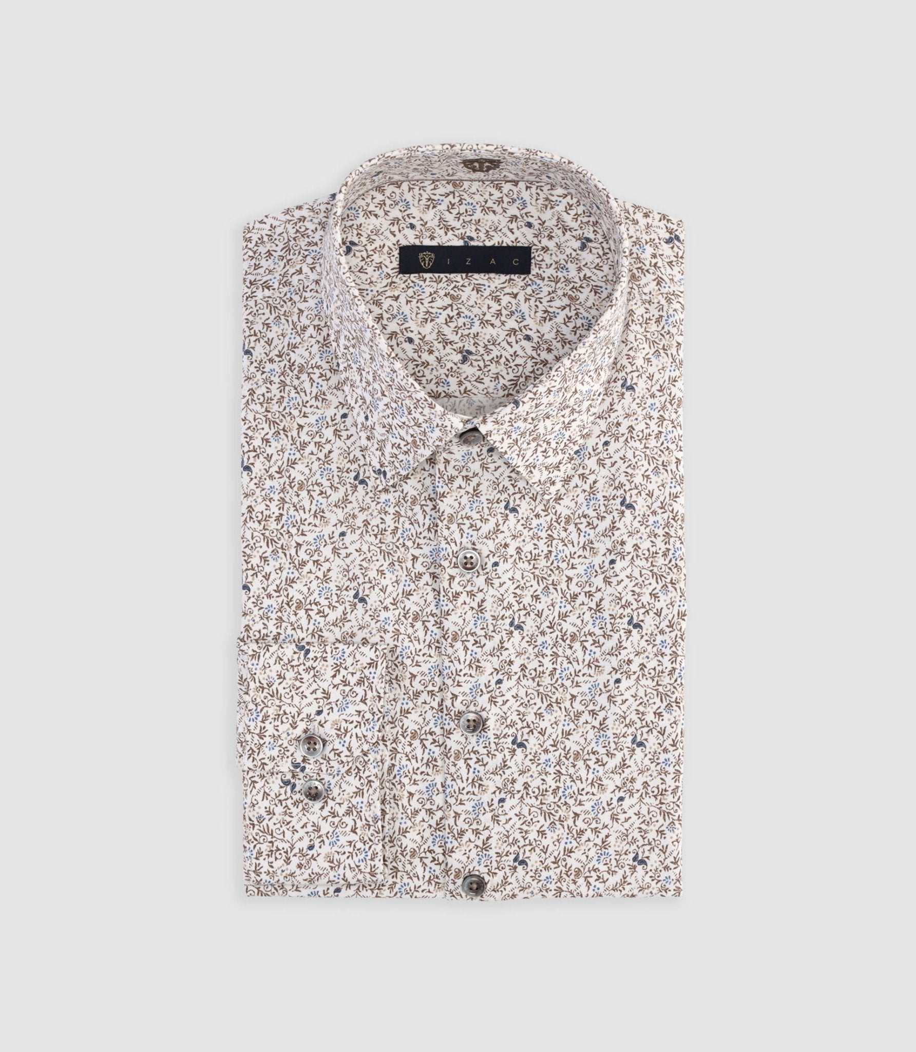 Chemise slim à imprimé fleuris blanche et camel MANU - IZAC