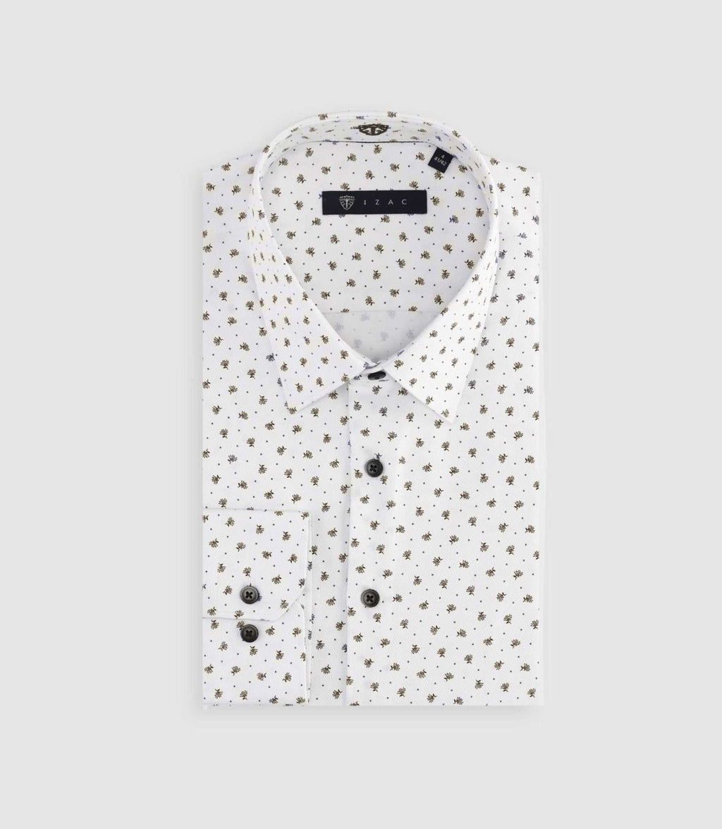 Chemise slim à imprimé micro motifs blanc et camel MATT - IZAC