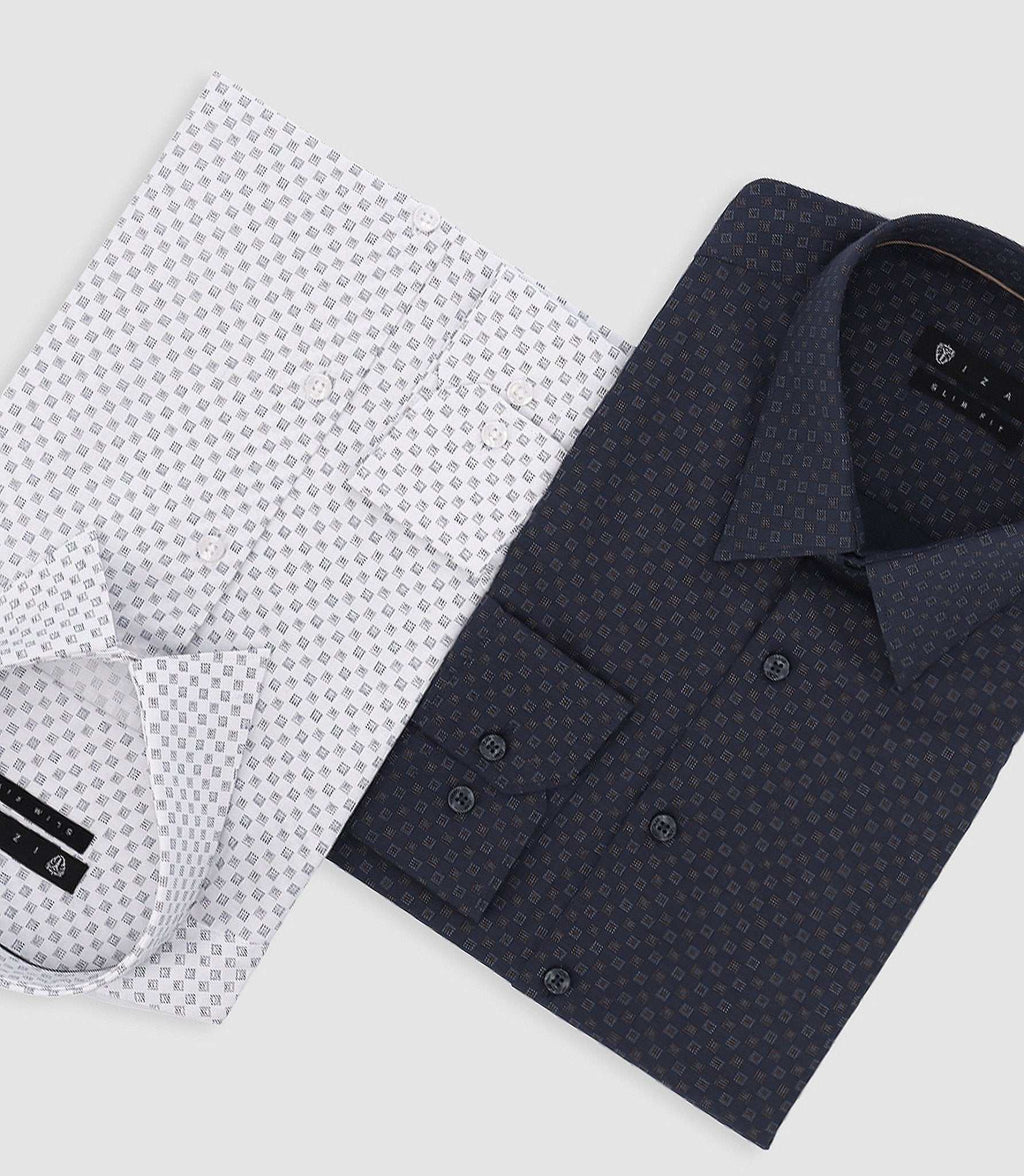 Chemise imprimée micro motifs marine et camel PAMPA - IZAC