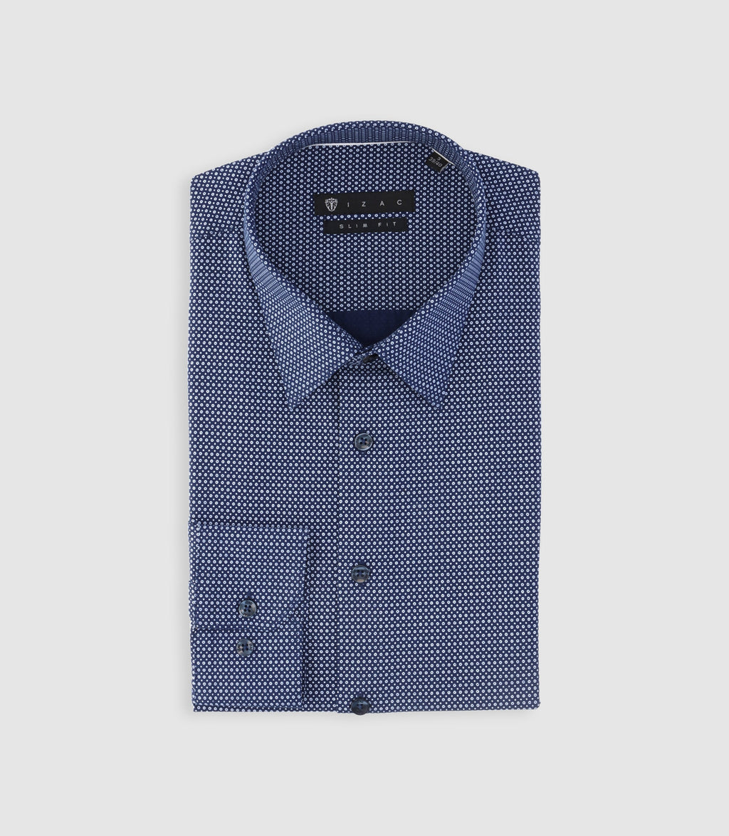 Chemise slim imprimée micro motifs marine et blanc PERLE - IZAC