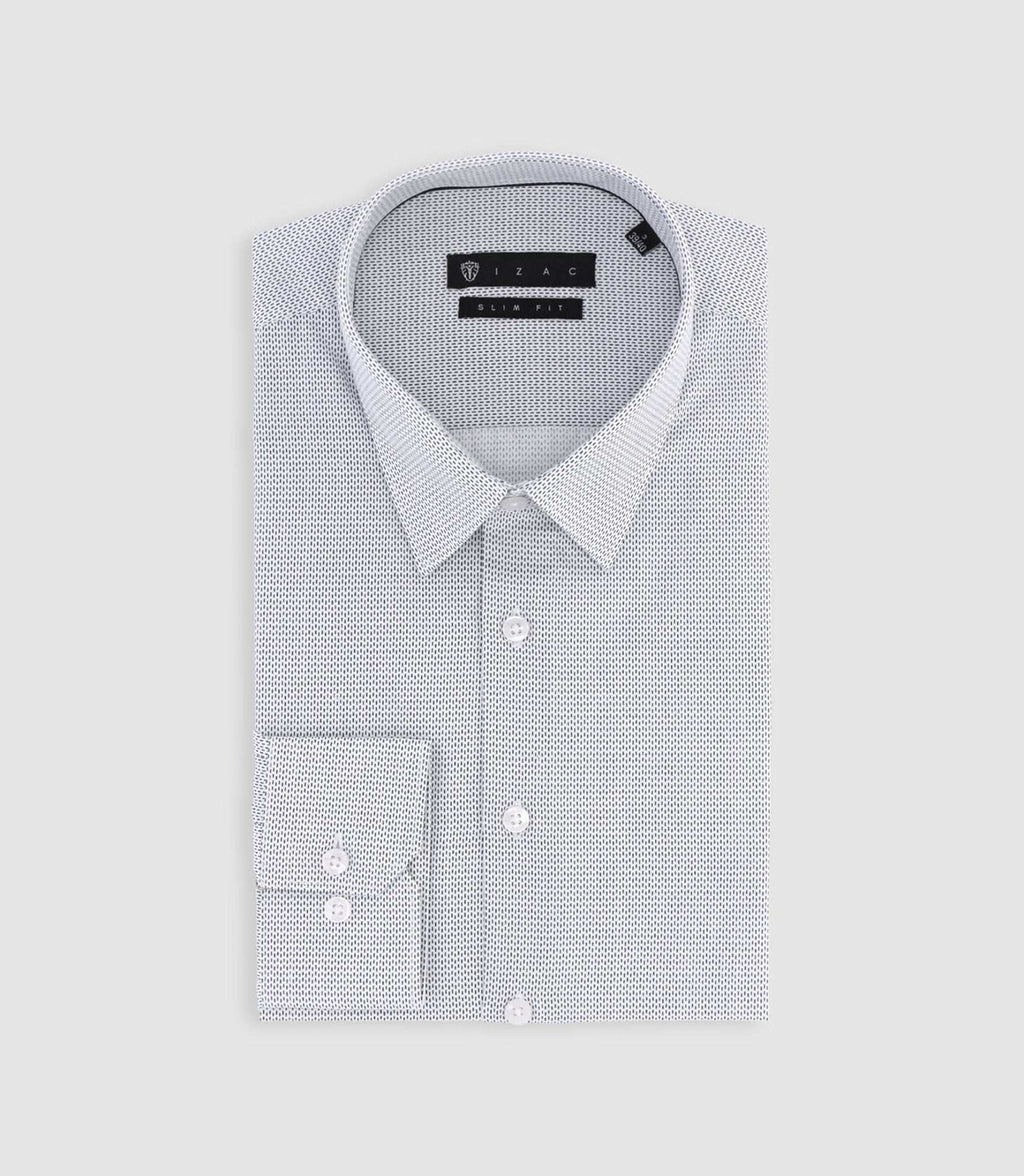 Chemise slim imprimée micro motifs blanche et marine PRESTO - IZAC