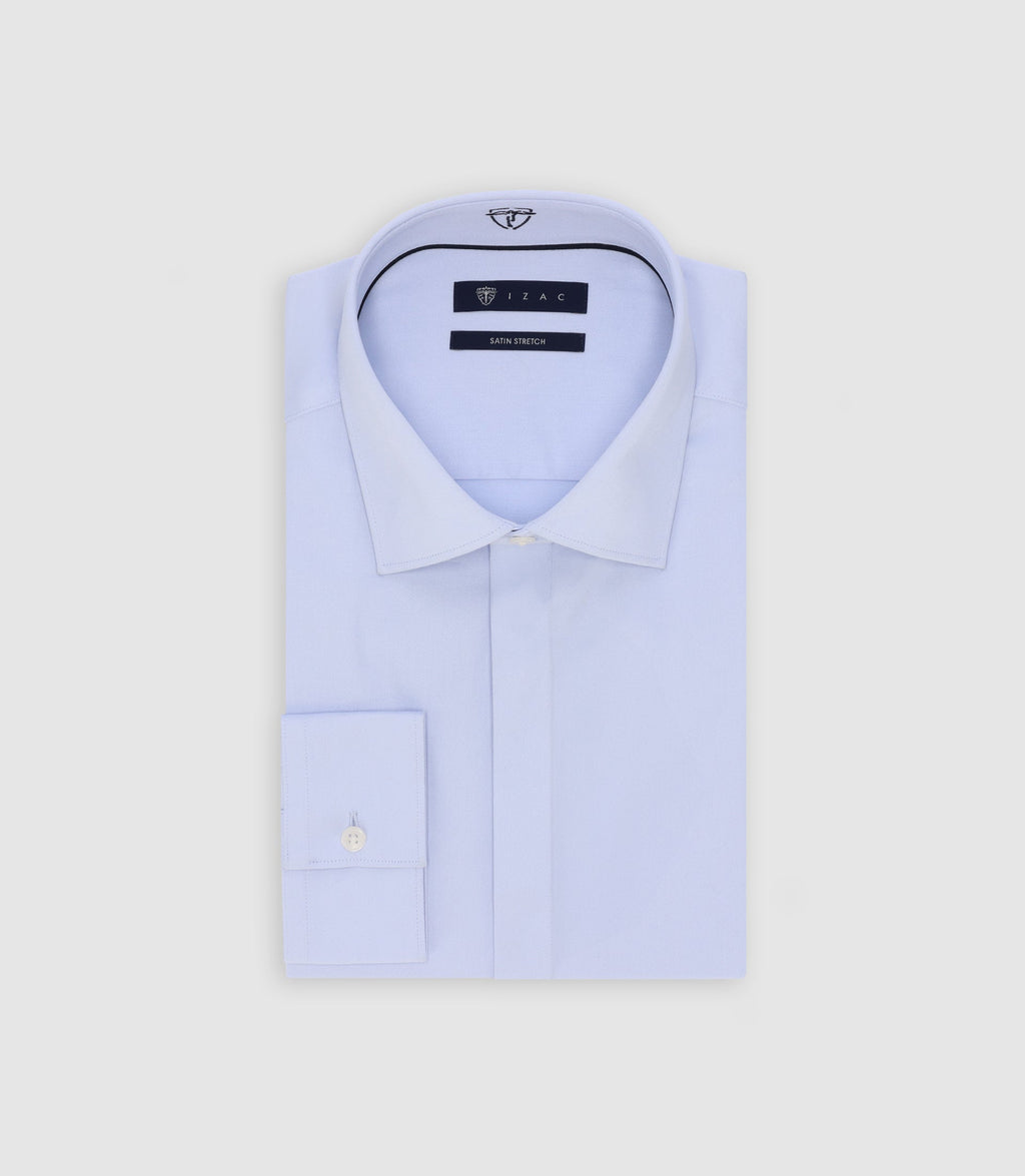 Chemise col italien en satin de coton ciel - IZAC