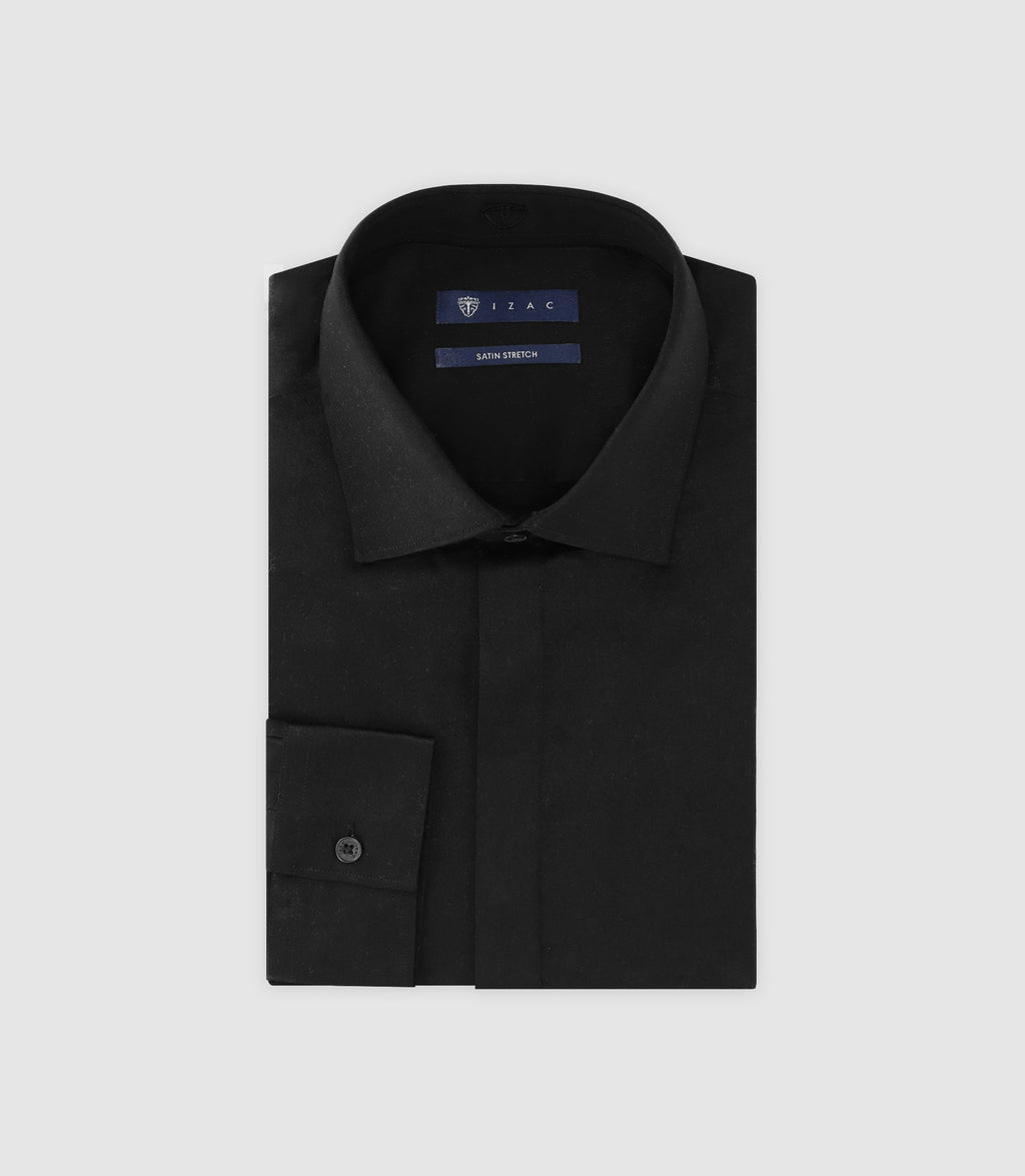 Chemise col italien en satin de coton noire - IZAC
