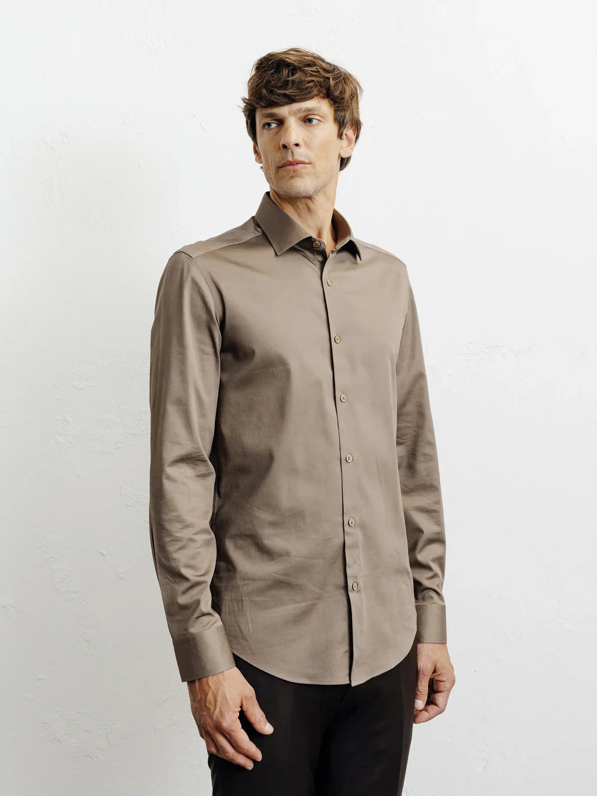 Chemise ville en satin de coton chatain - IZAC