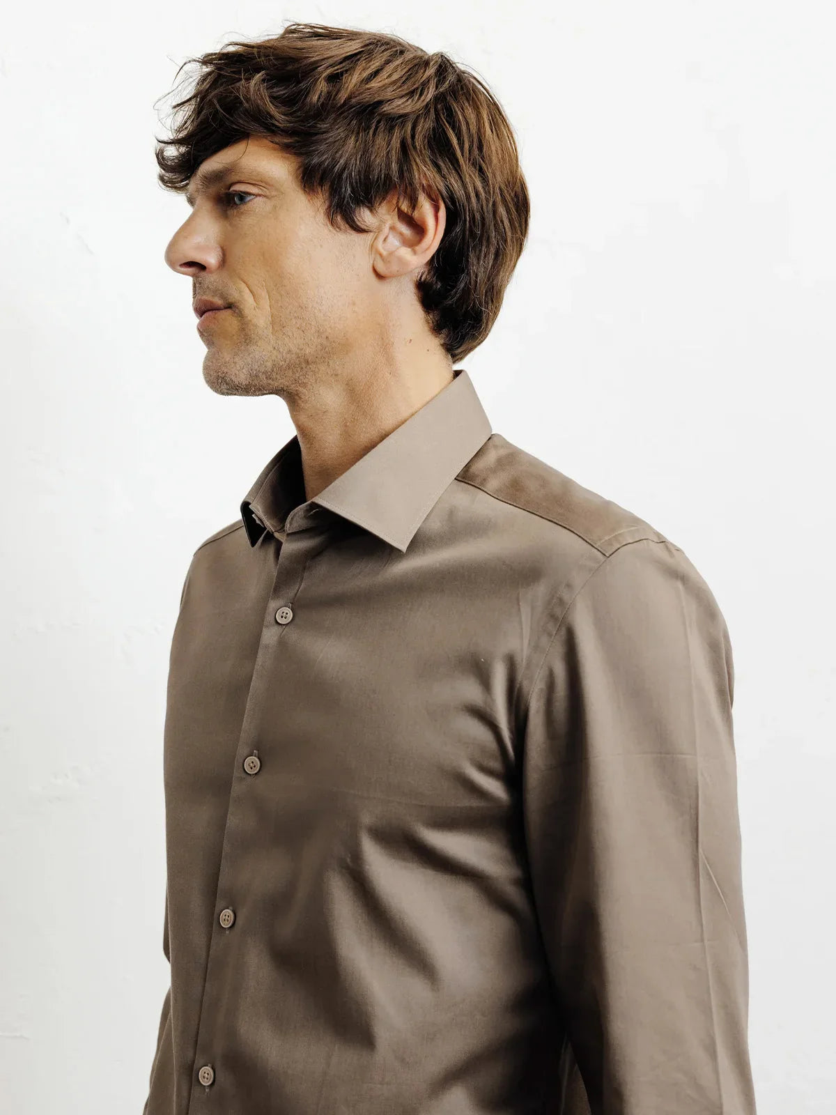 Chemise ville en satin de coton chatain - IZAC