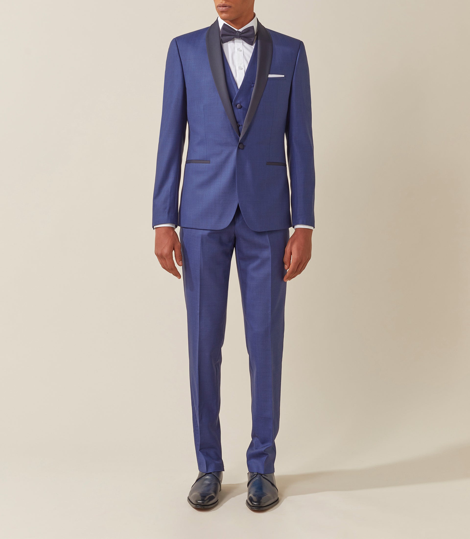 Costume de cérémonie laine bleu col châle "Feri" - IZAC