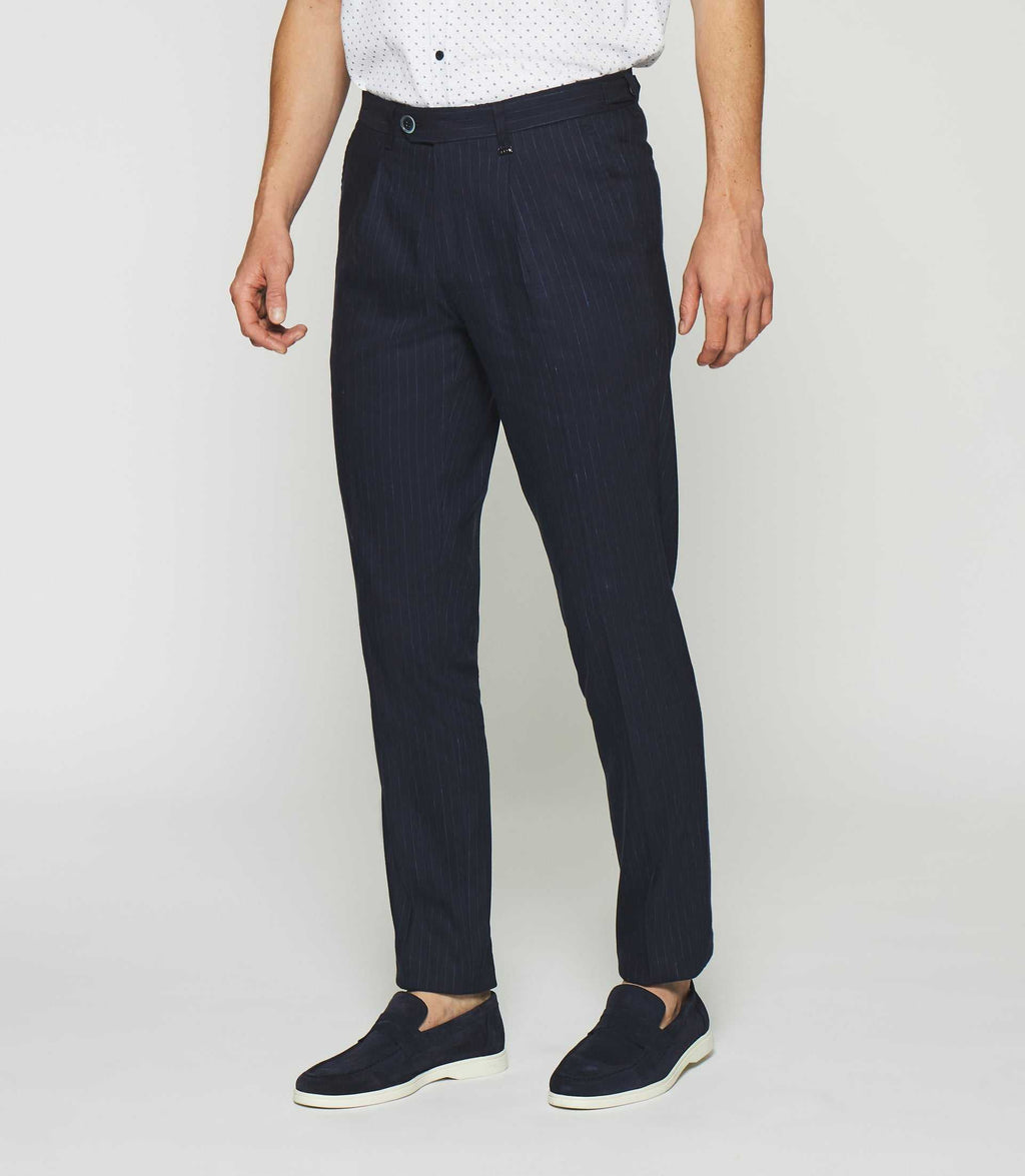 Pantalon chino à rayures en lin bleu marine PLAISANCE - IZAC