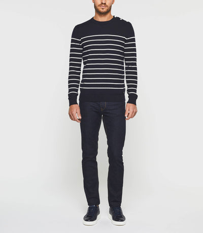 Pull col rond marine à rayures écru "Daymon" - IZAC