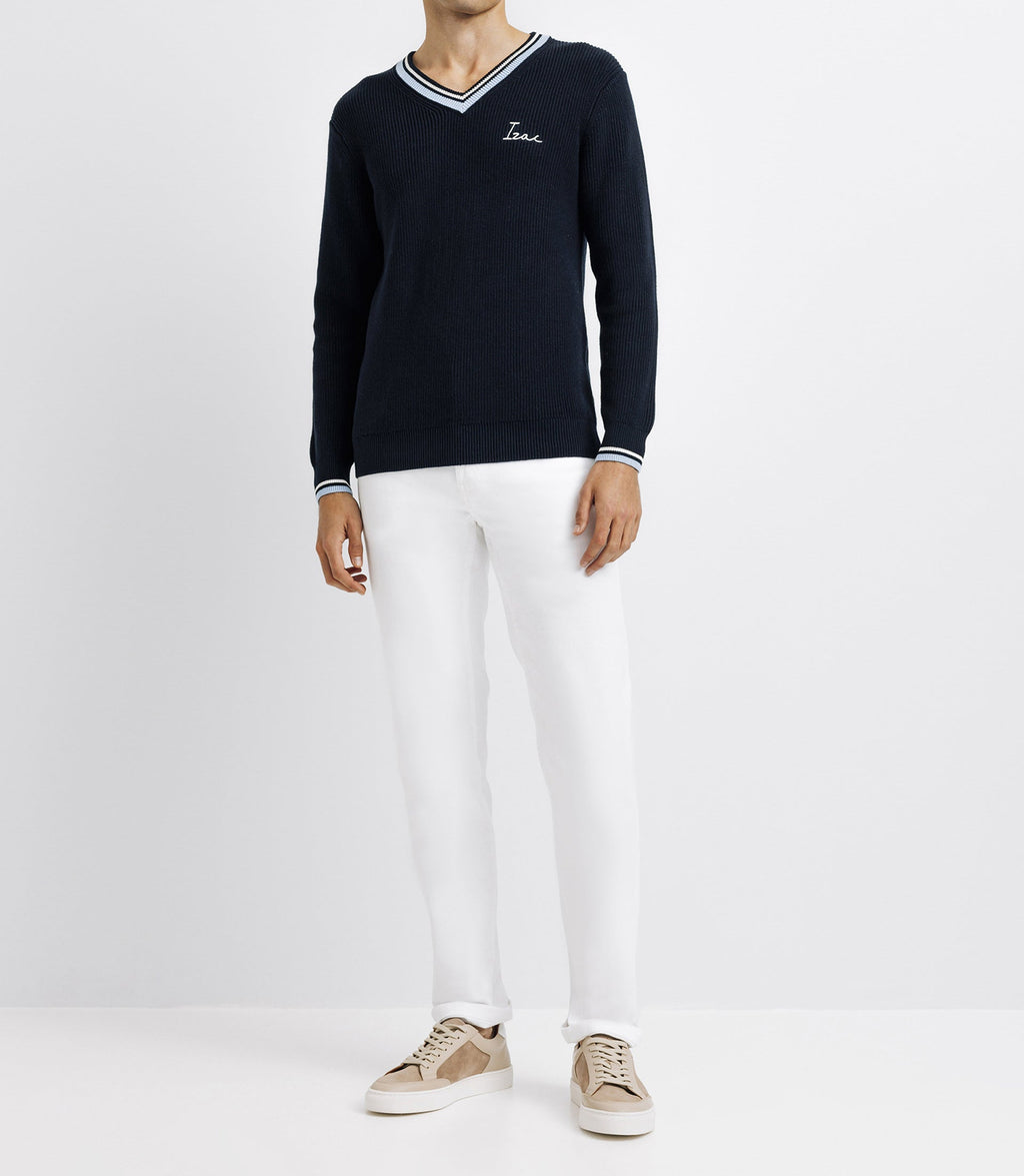 Pull col V brodé marine - IZAC