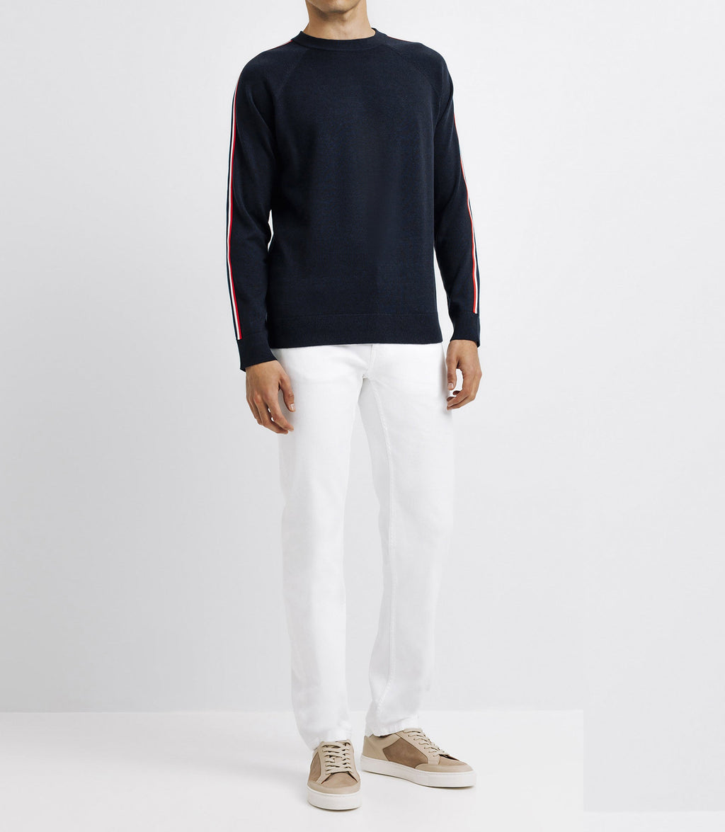 Pull col rond avec bande tricolore marine - IZAC