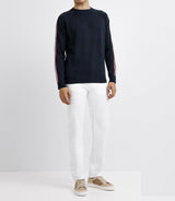 Pull col rond avec bande tricolore marine - IZAC