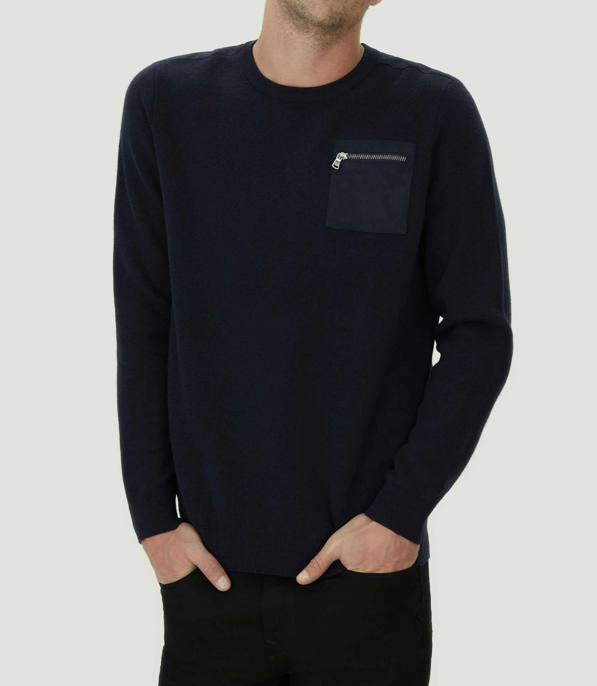 Pull col rond à empiècements marine "Lenna" - IZAC