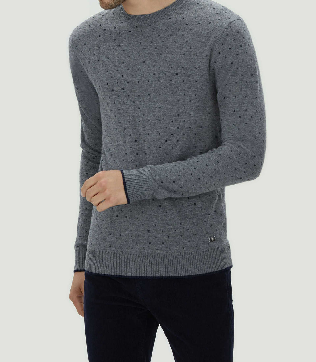 Pull col rond gris motif all over "Lise" - IZAC