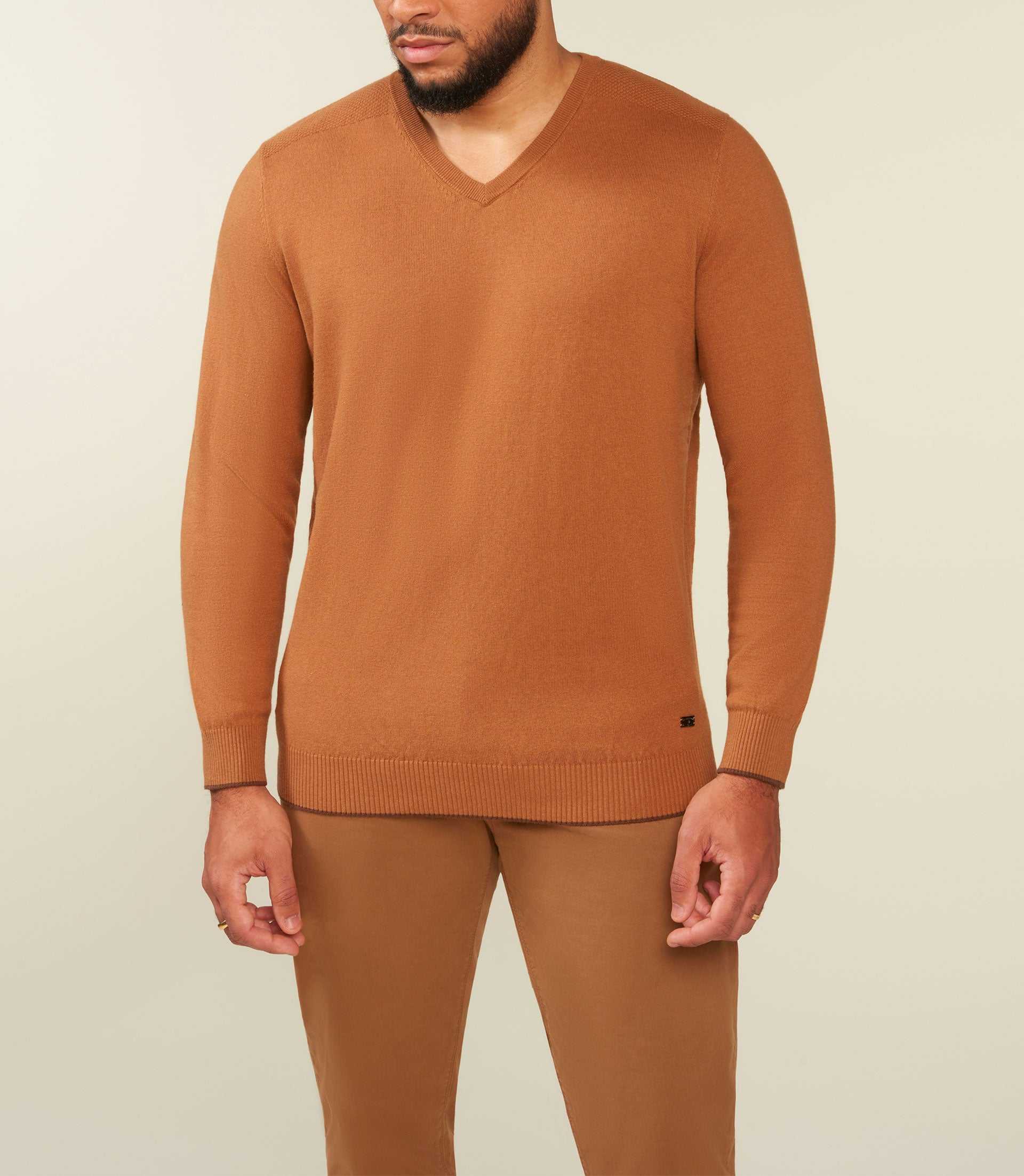 Pull col V coton cachemire camel BRENTBT - IZAC