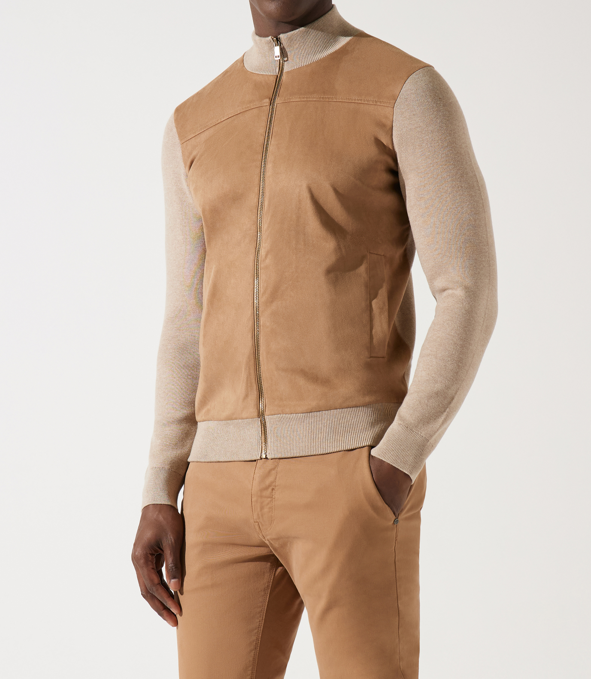 Gilet zippé col rond mix matière beige - IZAC