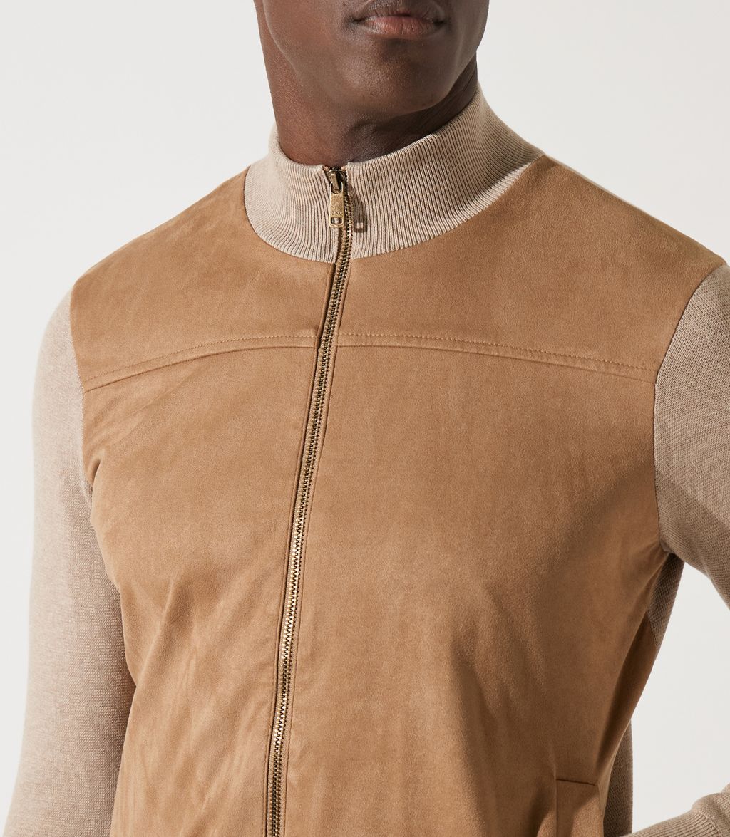 Gilet zippé col rond mix matière beige - IZAC
