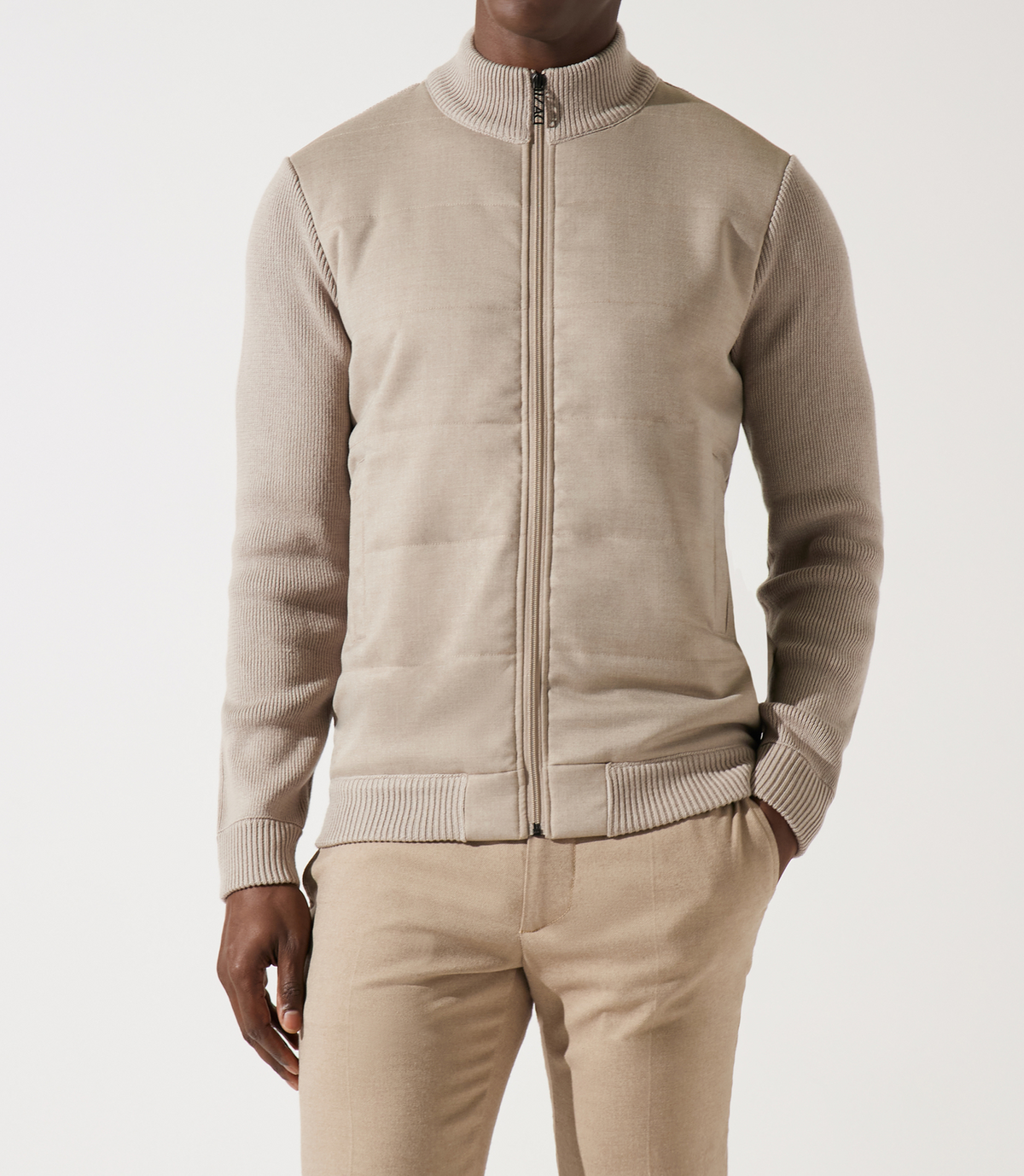 Gilet zippé col rond mix matière beige - IZAC