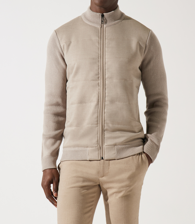 Gilet zippé col rond mix matière beige - IZAC