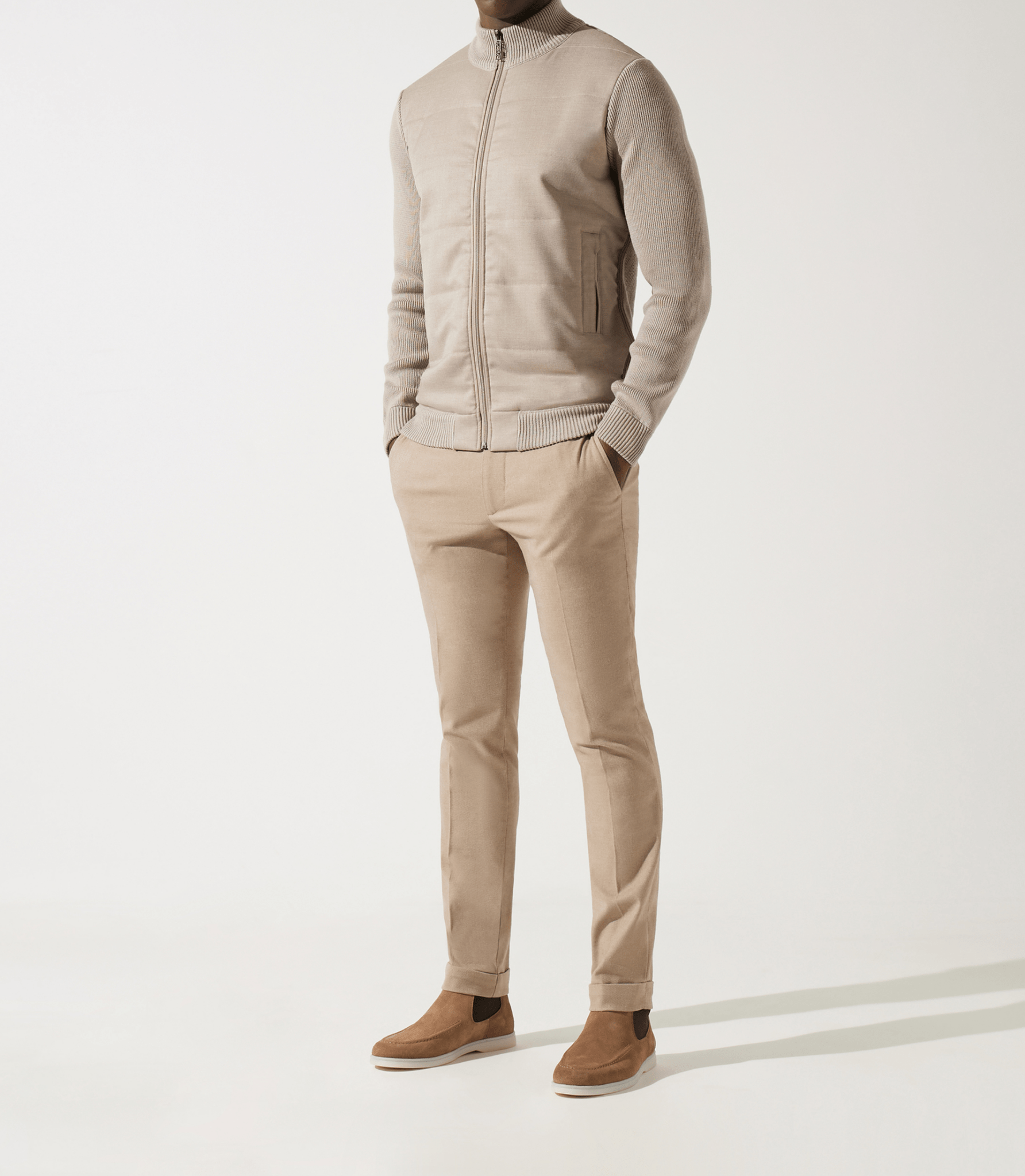 Gilet zippé col rond mix matière beige - IZAC