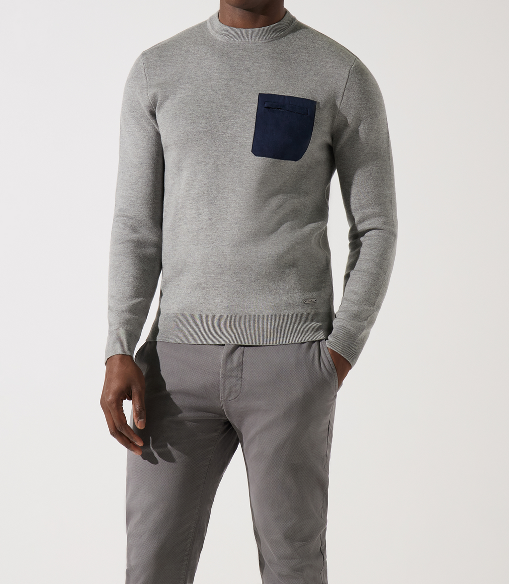 Pull col rond gris chiné avec poche - IZAC