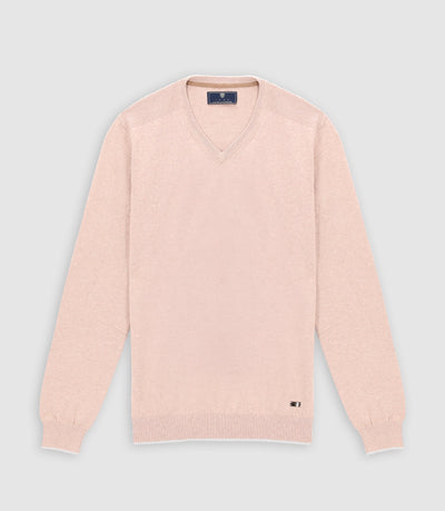 Pull col v rayé beige rose - IZAC