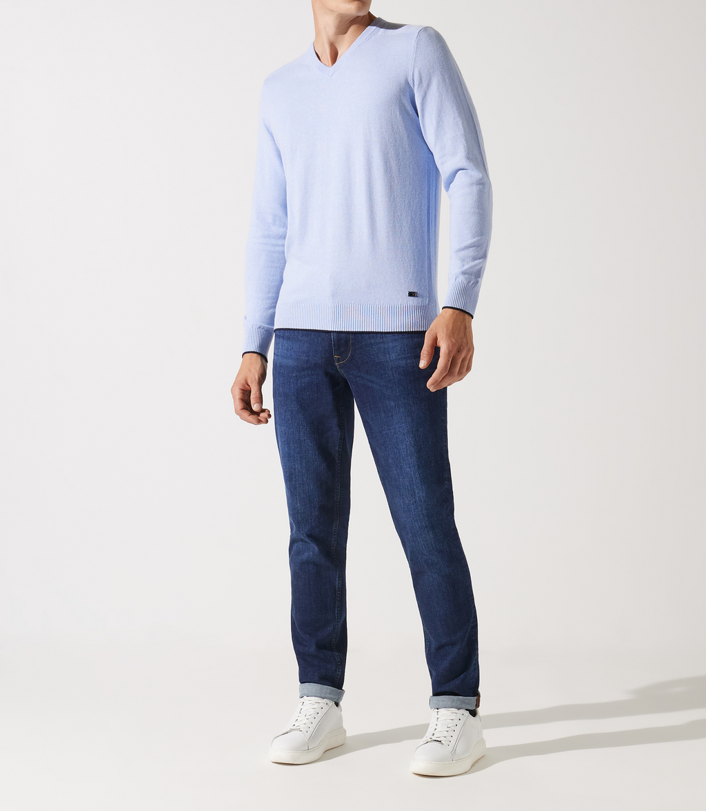 Pull col v rayé bleu ciel - IZAC