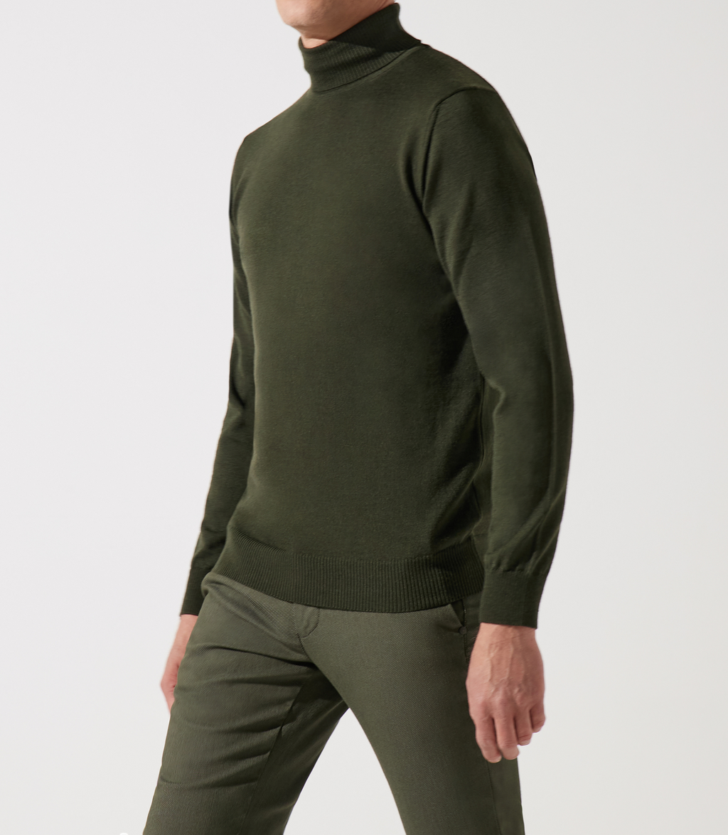 Pull col roulé kaki 100% mérinos - IZAC