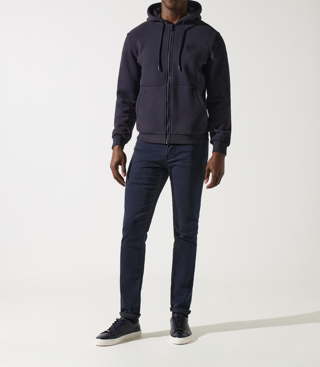 Sweat zippé brodé à capuche marine - IZAC