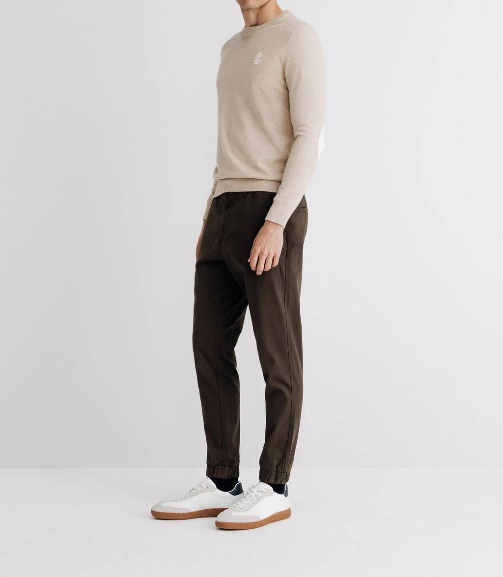 Pull col rond coton/cachemire à coudières beige - IZAC