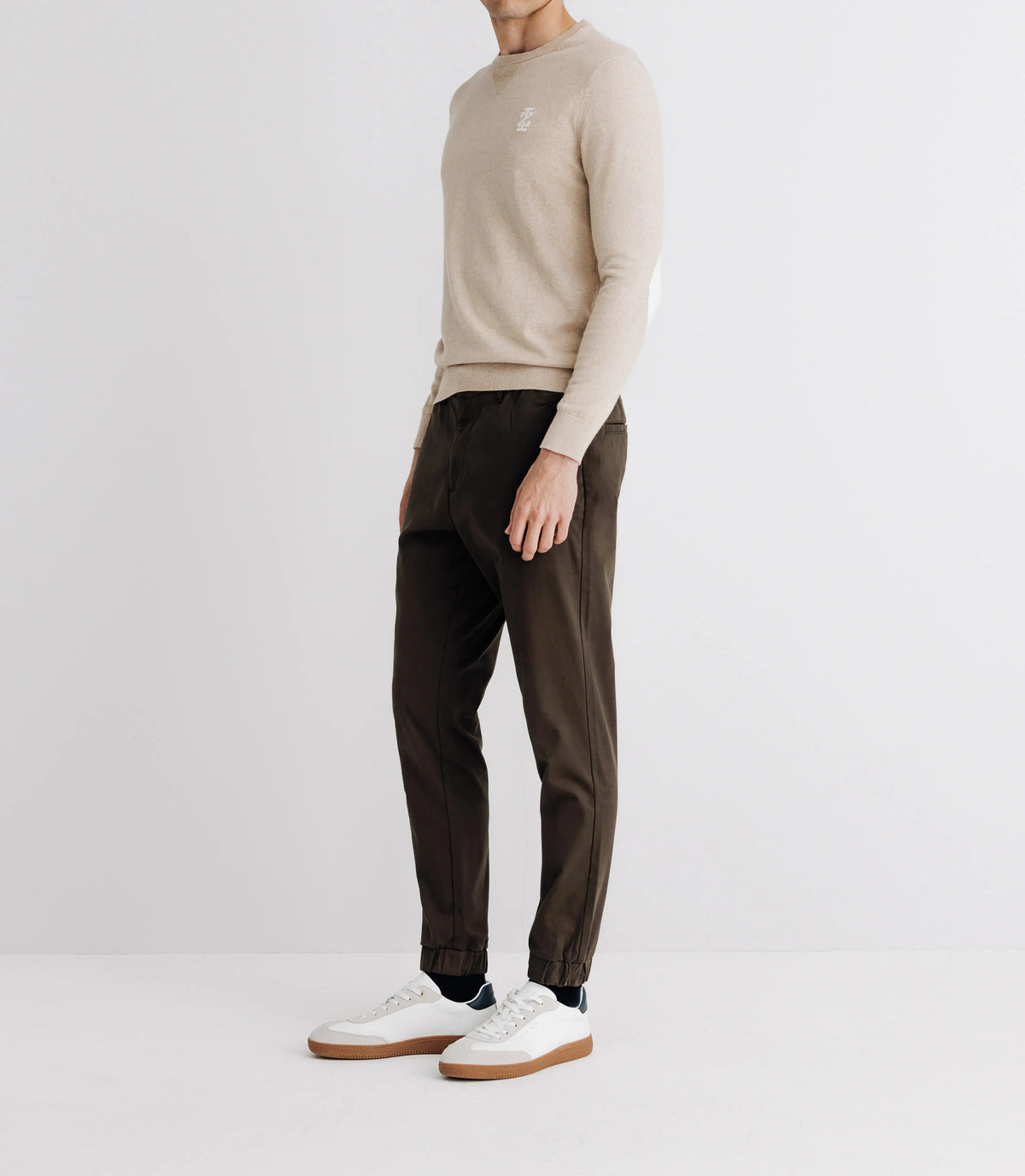 Pull col rond coton/cachemire à coudières beige - IZAC