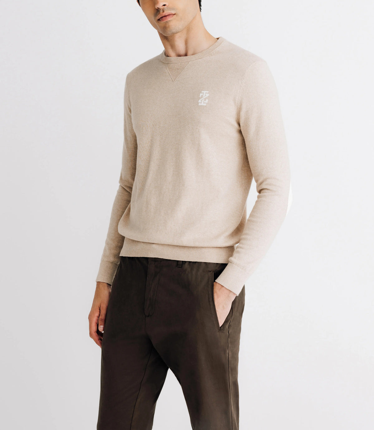 Pull col rond coton/cachemire à coudières beige - IZAC