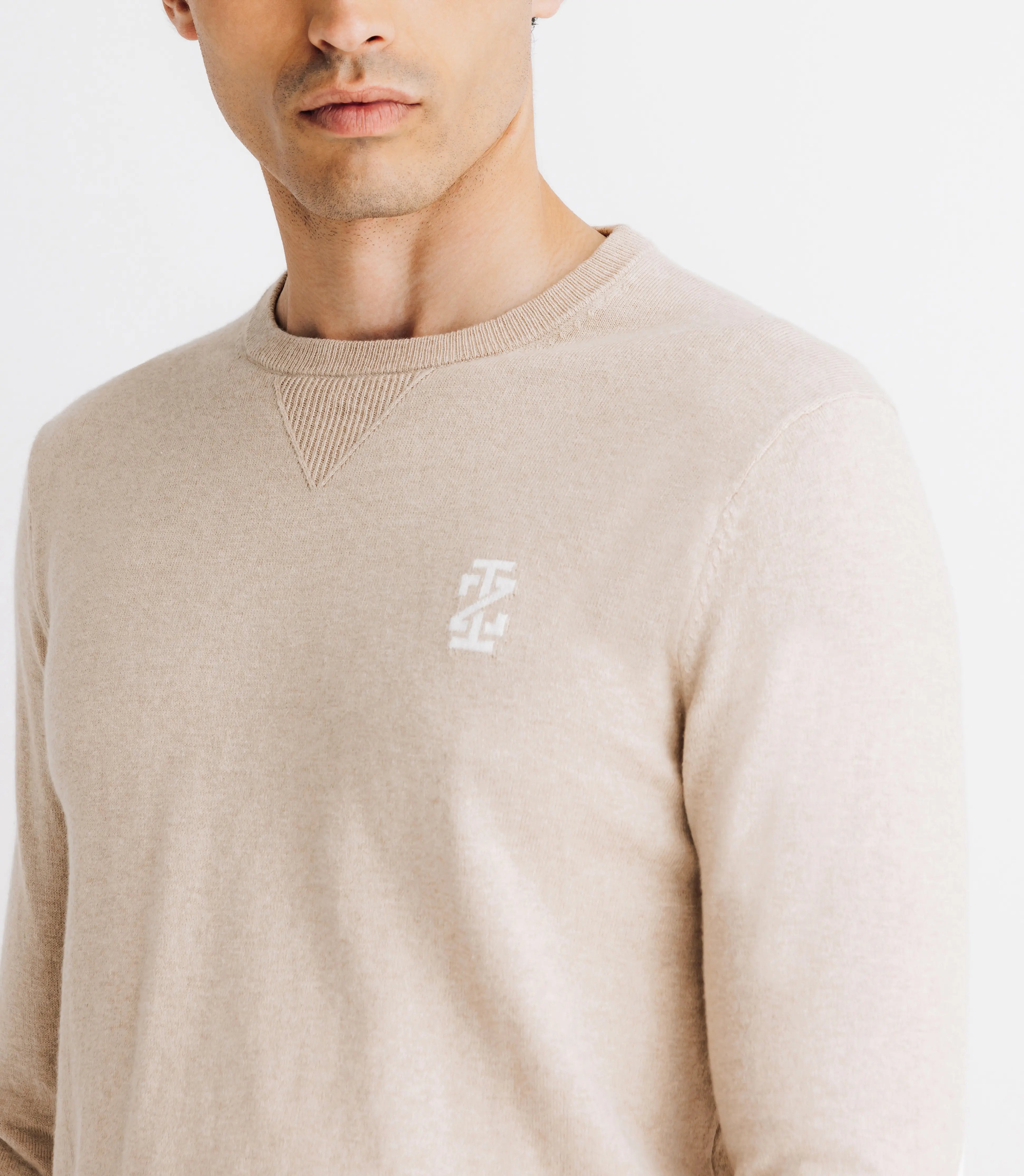 Pull col rond coton/cachemire à coudières beige - IZAC