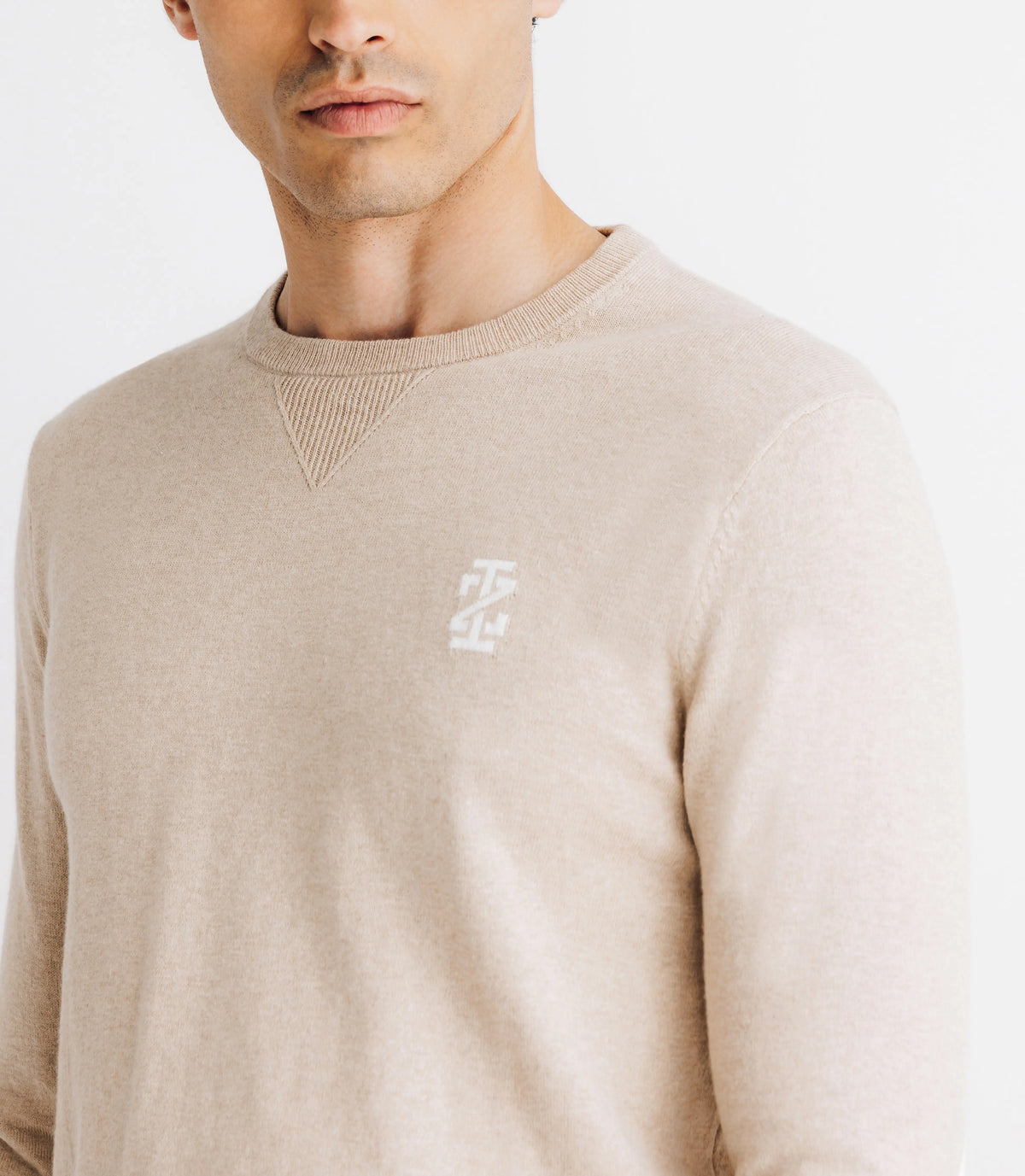 Pull col rond coton/cachemire à coudières beige - IZAC