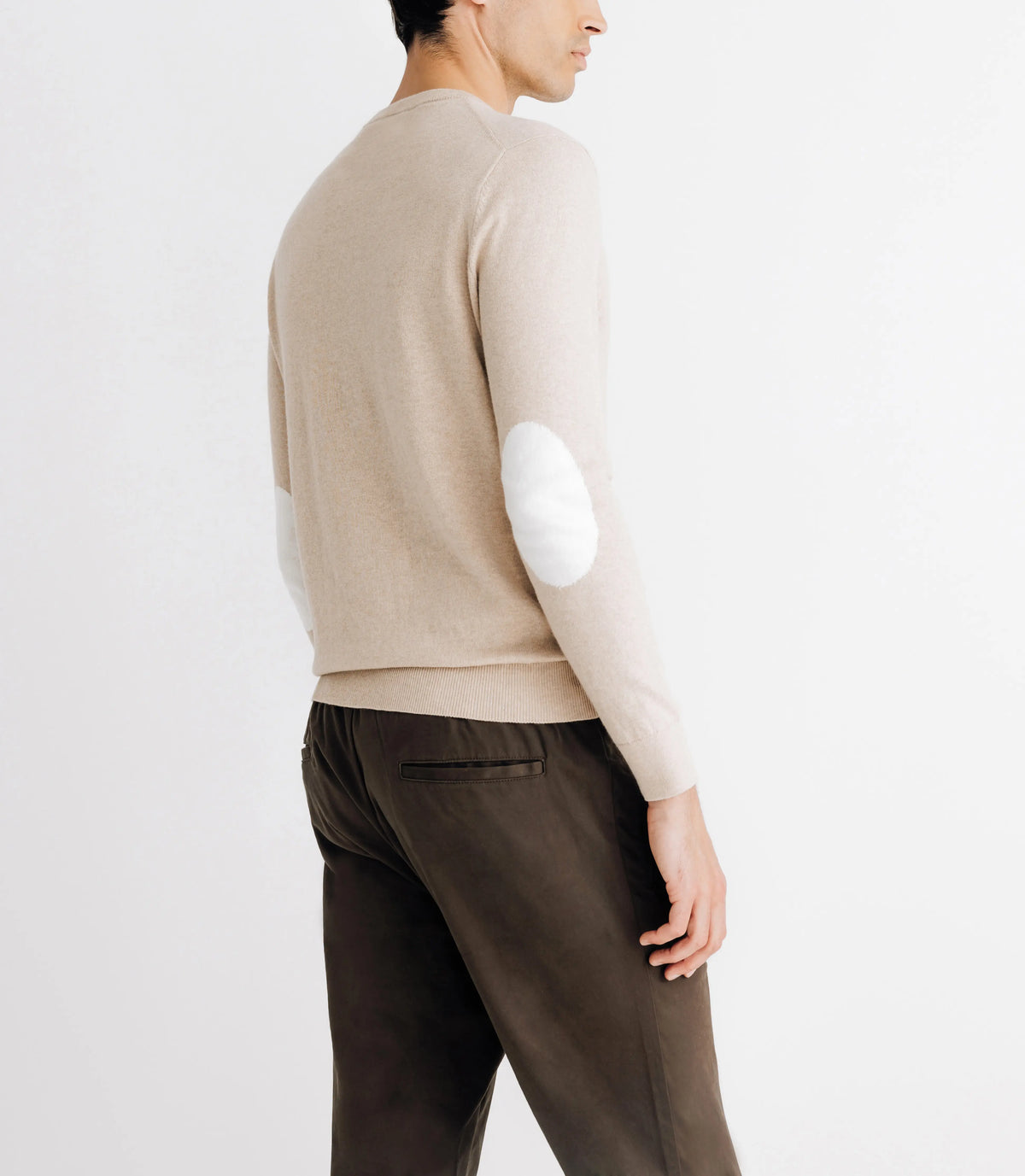 Pull col rond coton/cachemire à coudières beige - IZAC