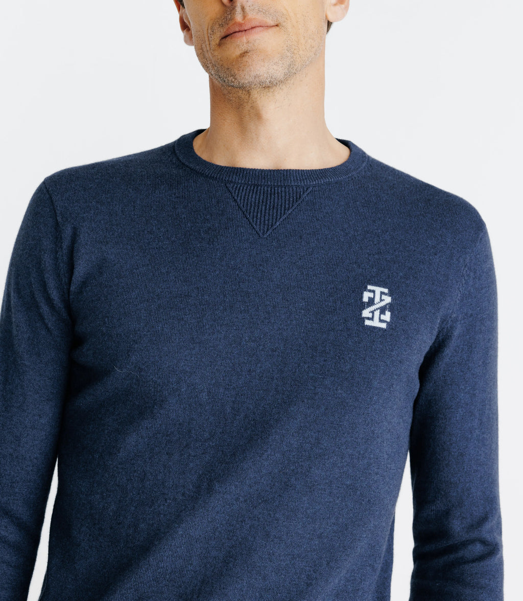 Pull col rond coton/cachemire à coudières bleu - IZAC