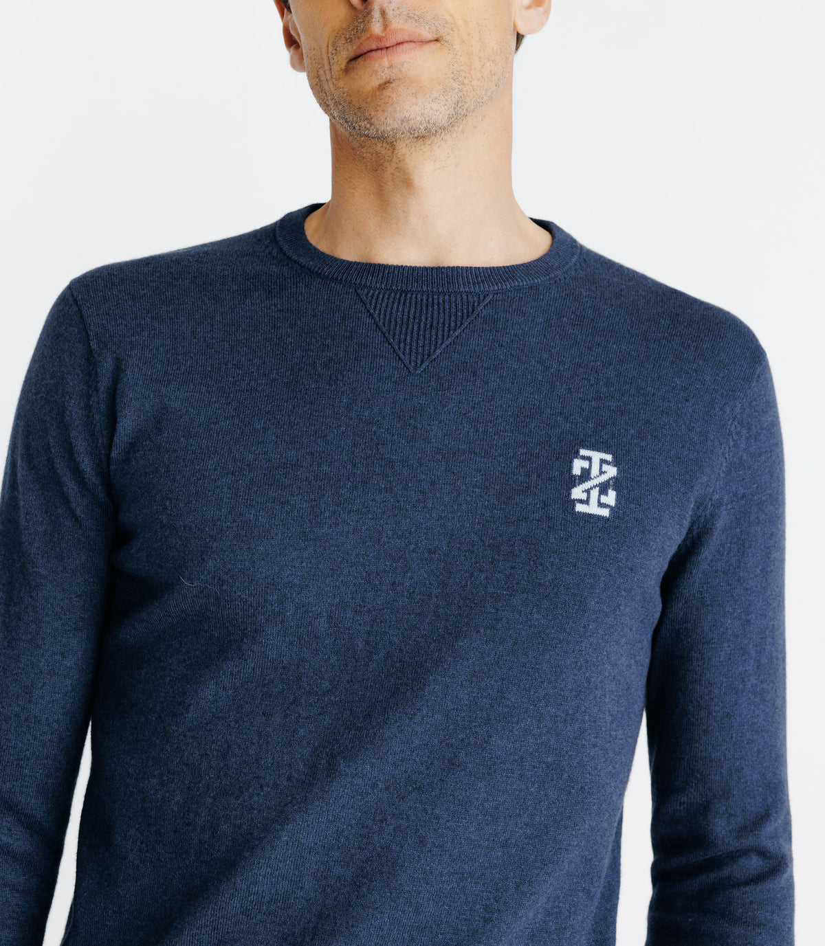 Pull col rond coton/cachemire à coudières bleu - IZAC