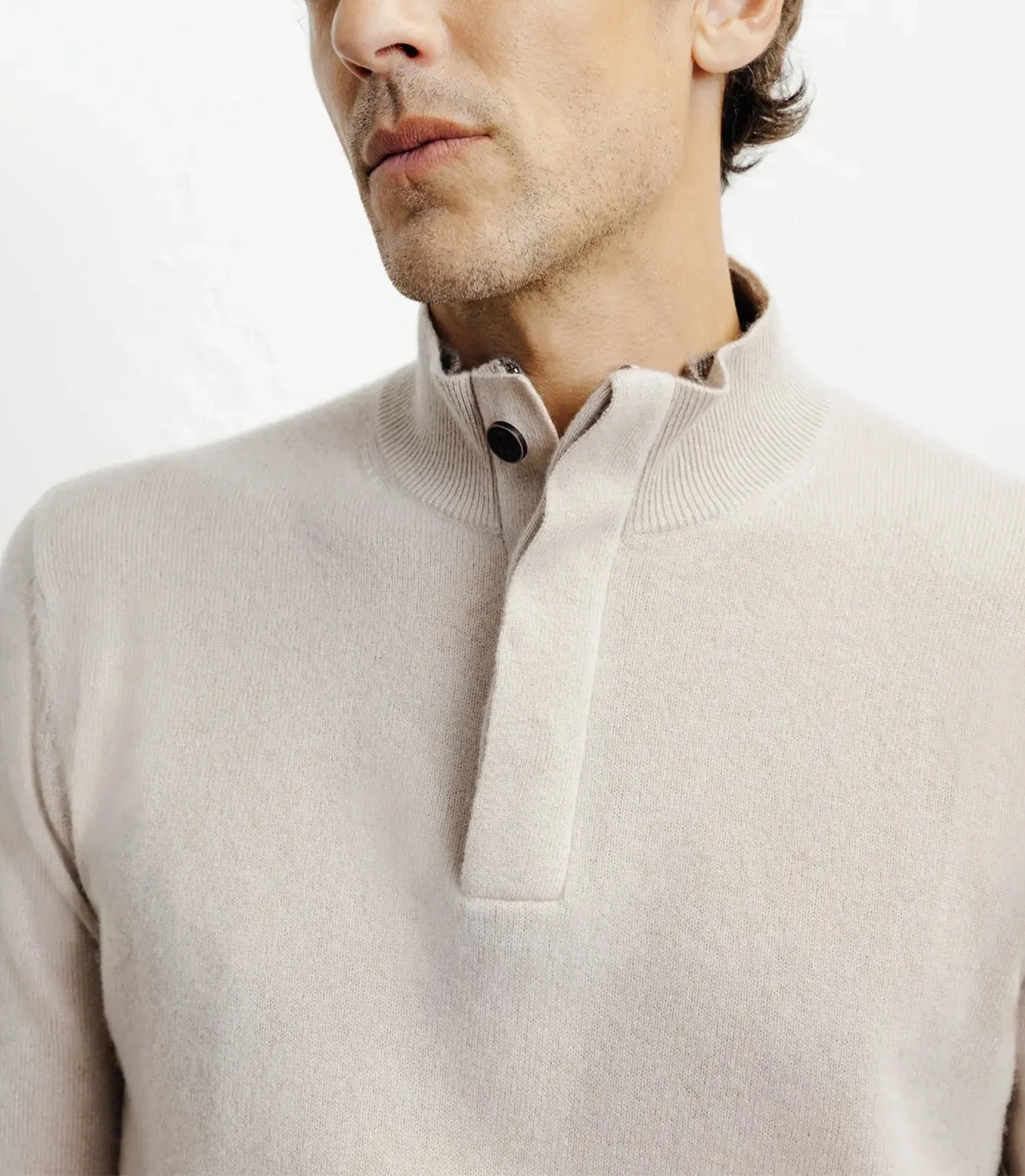 Pull col zippé et boutonné 100% cachemire beige - IZAC